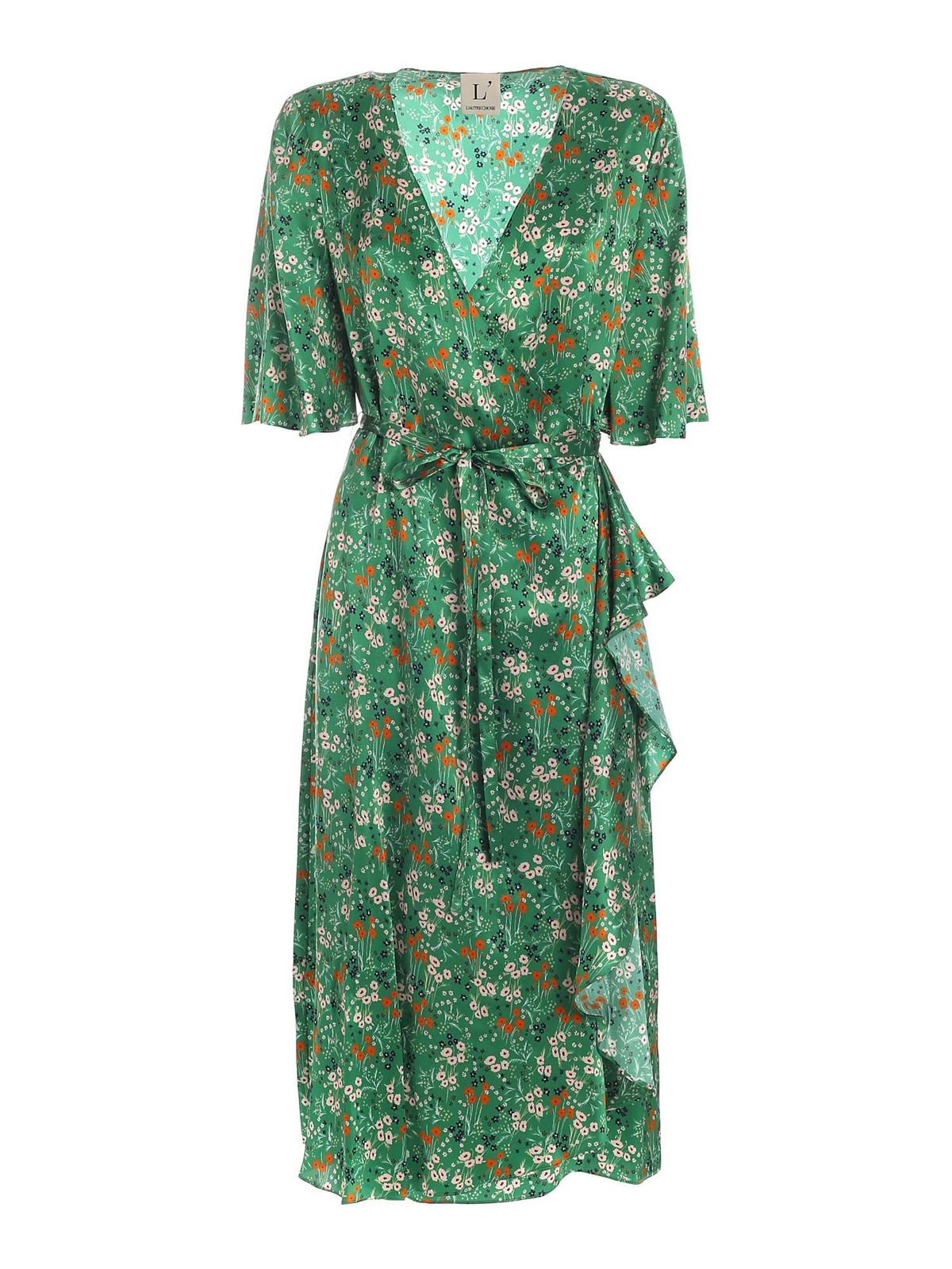 L' Autre Chose Floral silk wrap dress in green|B2511030001F500