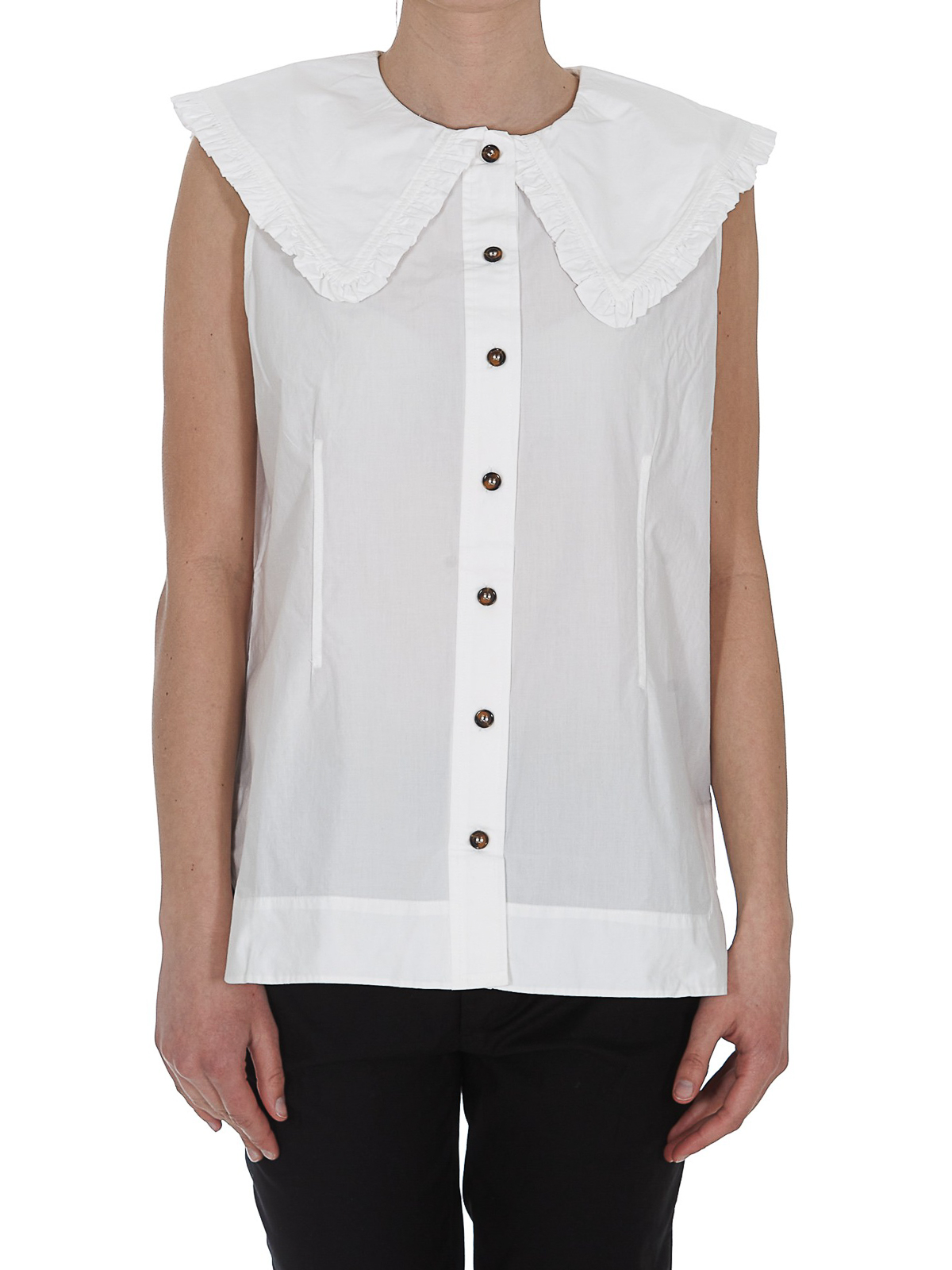 Shop Ganni Peter Pan Collar Cotton Shirt In White