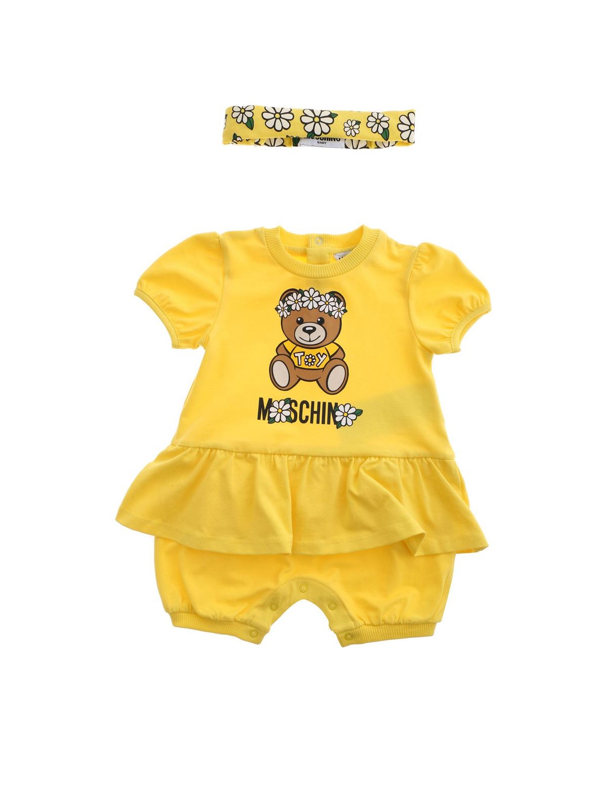 Moschino Kids Teddy print romper suit in yellow MDY00NLBA0050162