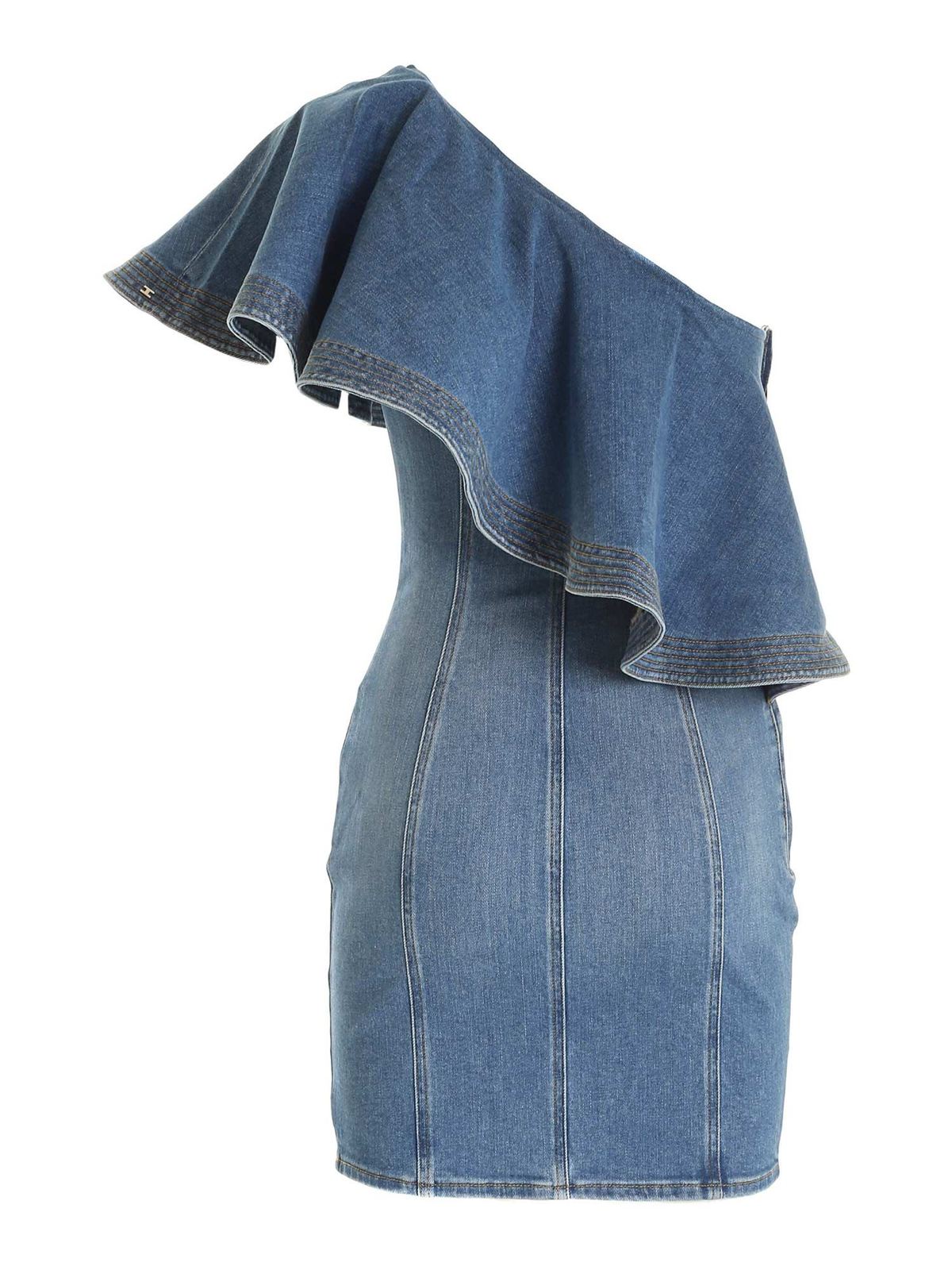 Elisabetta Franchi One-shoulder denim dress in light blue|AJ19D11E2192
