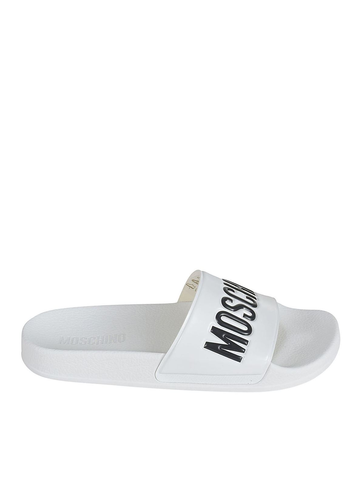 Shop Moschino Black Logo Slides In White