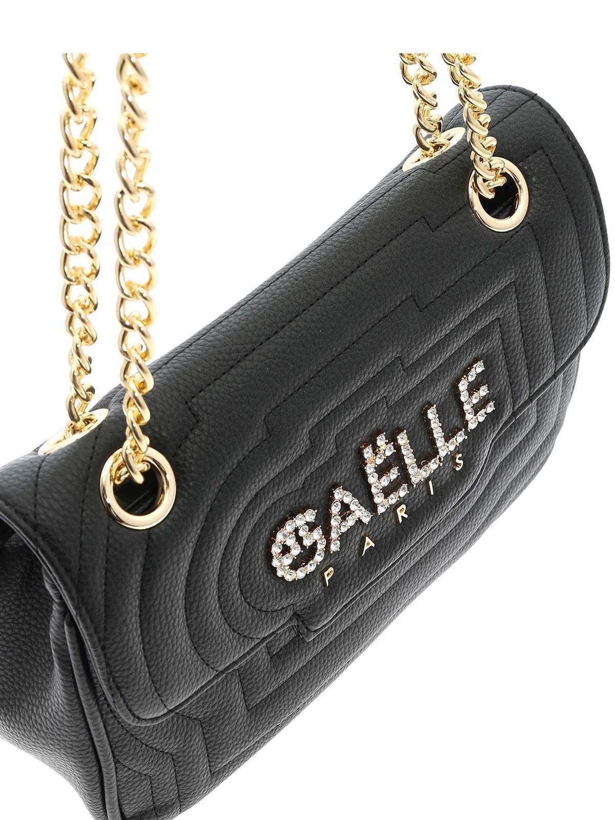 Gaelle black clutch bag with gold shoulder strap
