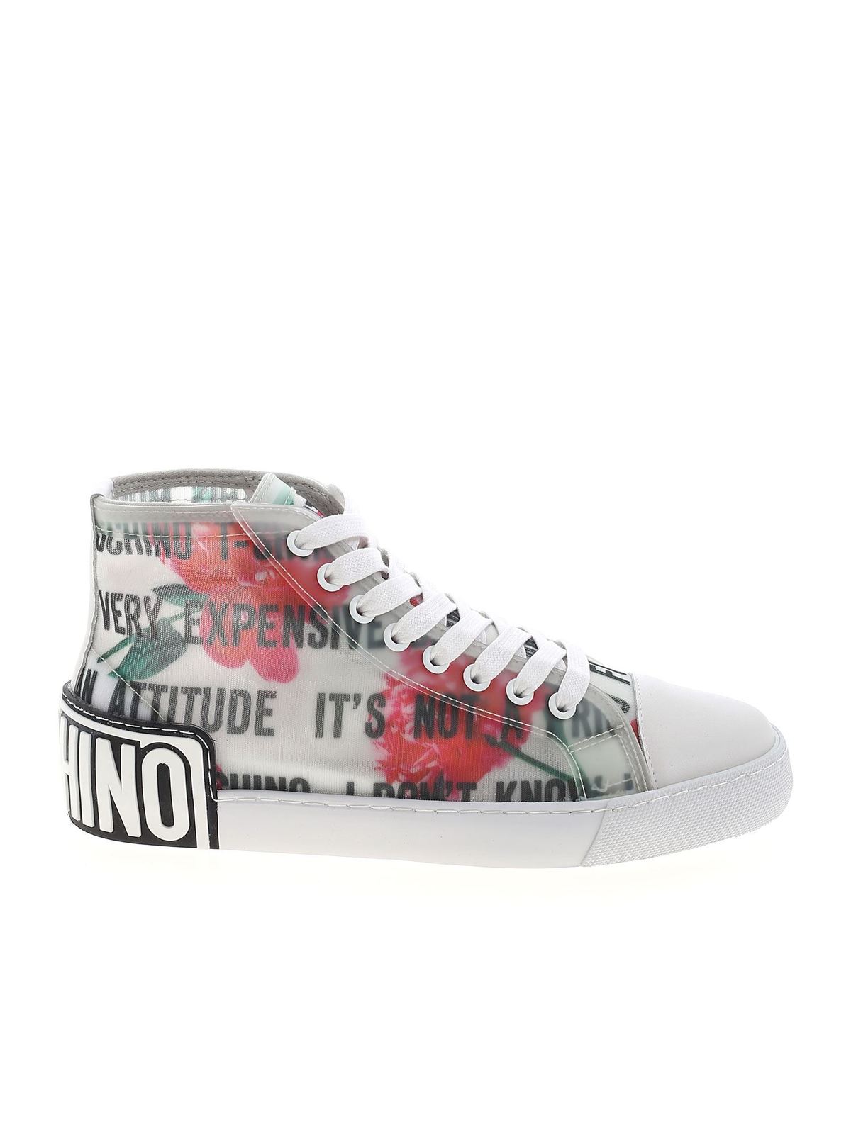 Moschino Slogan And Flowers Transparent Sneakers In Blanco