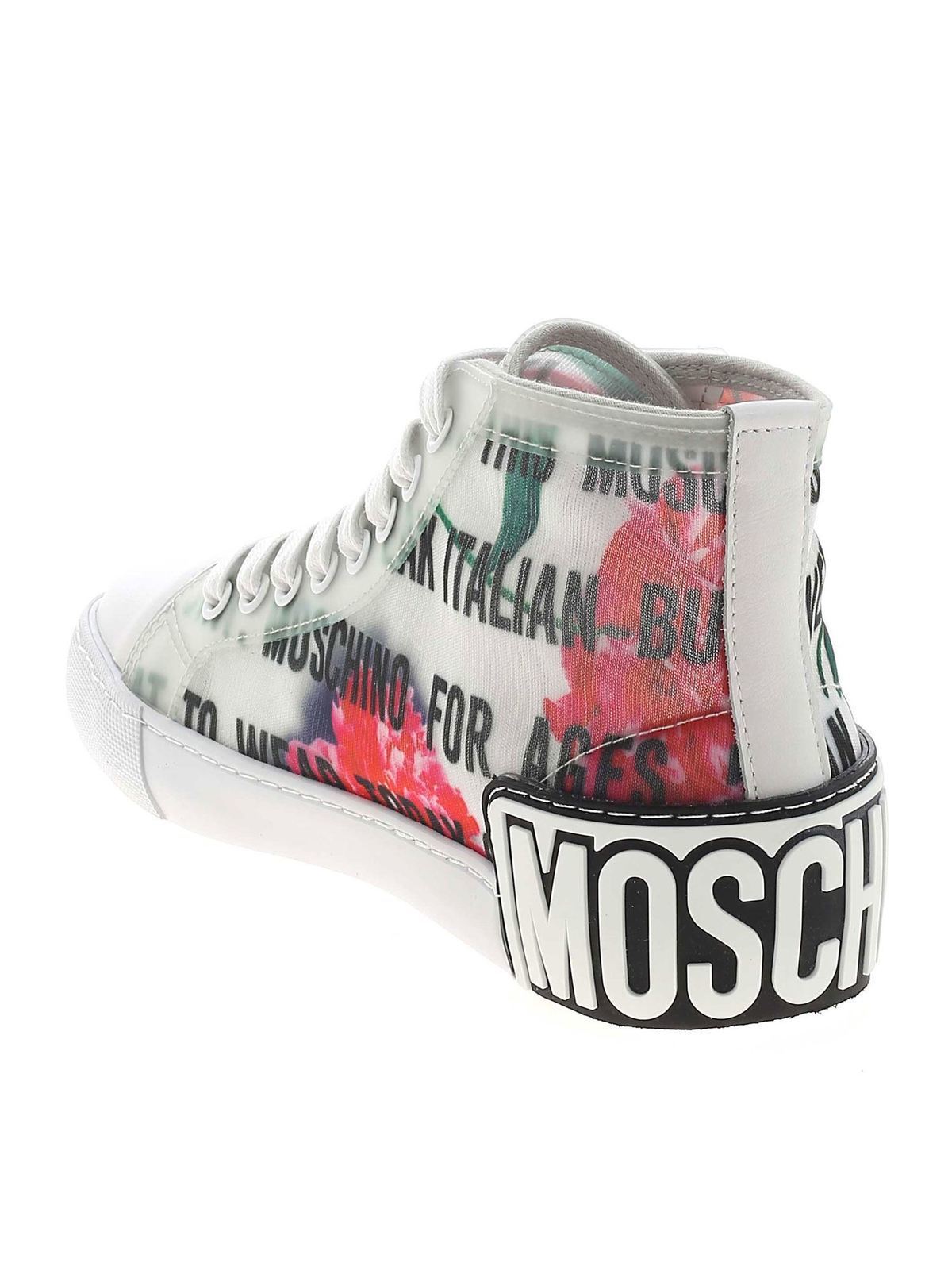 Shop Moschino Slogan And Flowers Transparent Sneakers In Blanco