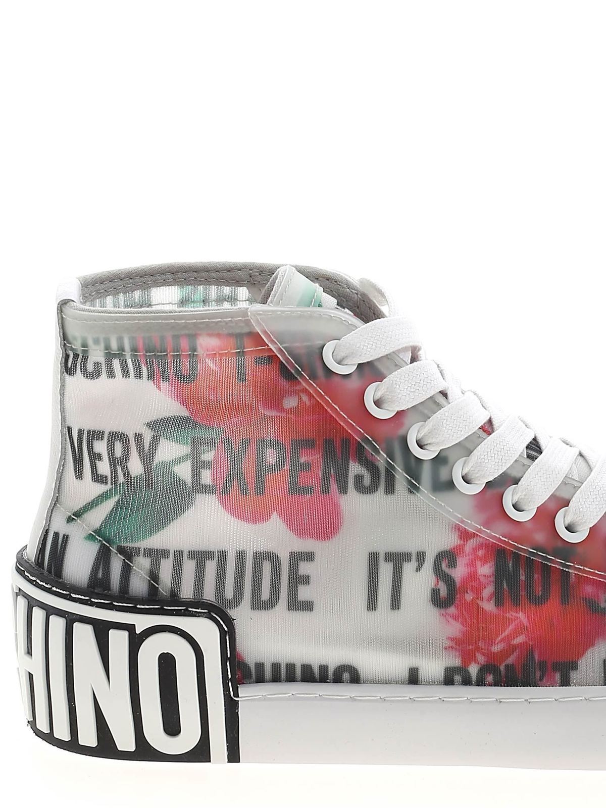 Shop Moschino Slogan And Flowers Transparent Sneakers In Blanco