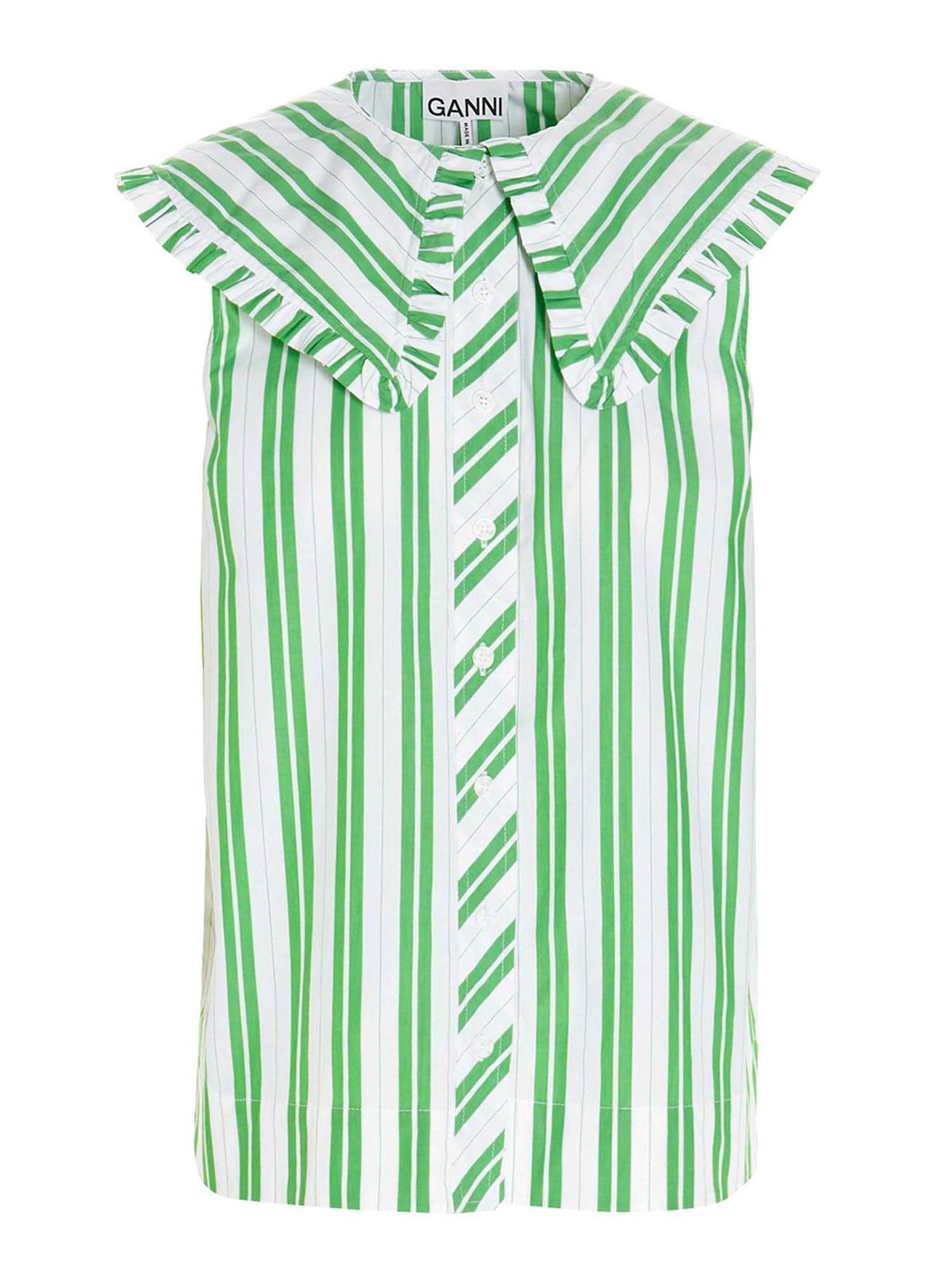 Ganni Striped sleeveless shirt in green and white|F5739801
