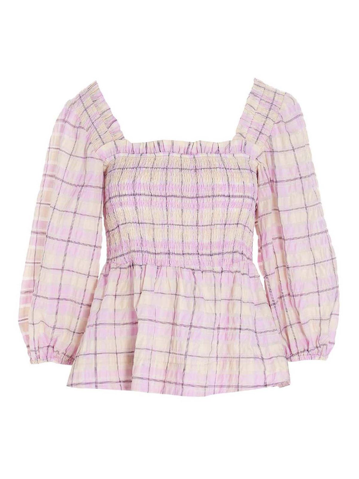 GANNI Seersucker Check Smocked Top lilac purple ivory women’s deals medium