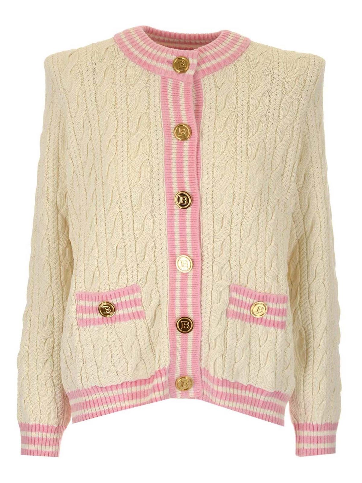 Cardigans Balmain - Cable knit cardigan in white and pink