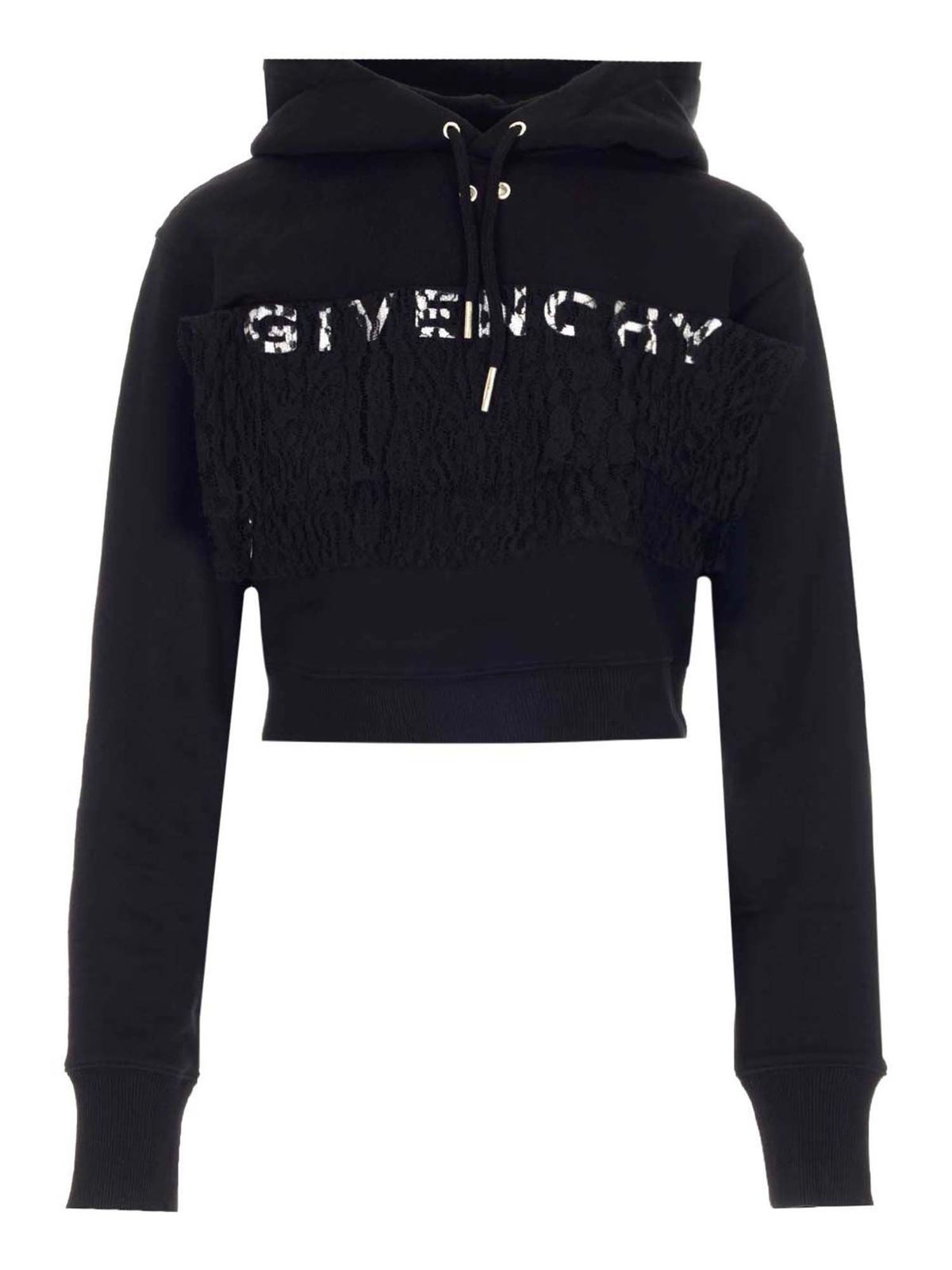 Givenchy Logo and lace crop hoodie in black Black BWJ025G0SS001