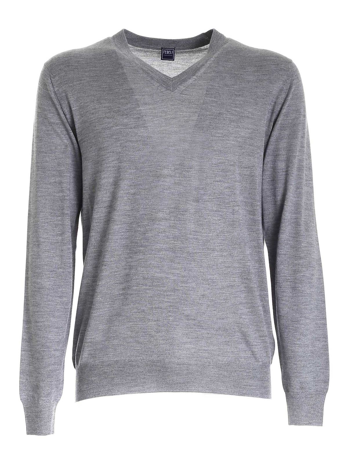 Pull droit uni à col V - Gris