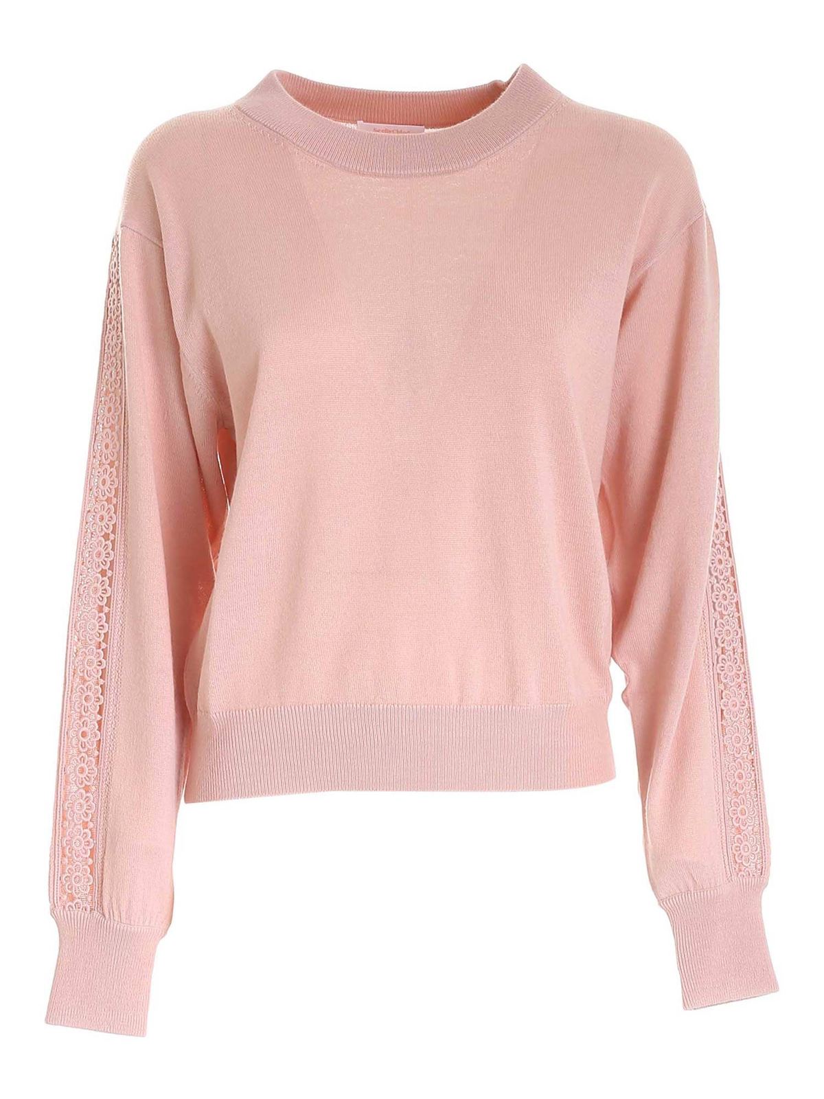 See By Chloé Embroidered Insert Sweater In Cameo Rose Colo In Rosado
