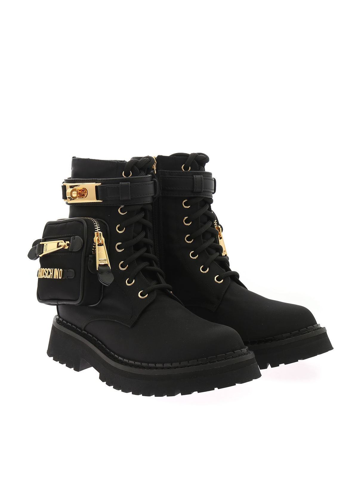 Shop Moschino Golden Logo Ankle Boots In Black In Negro