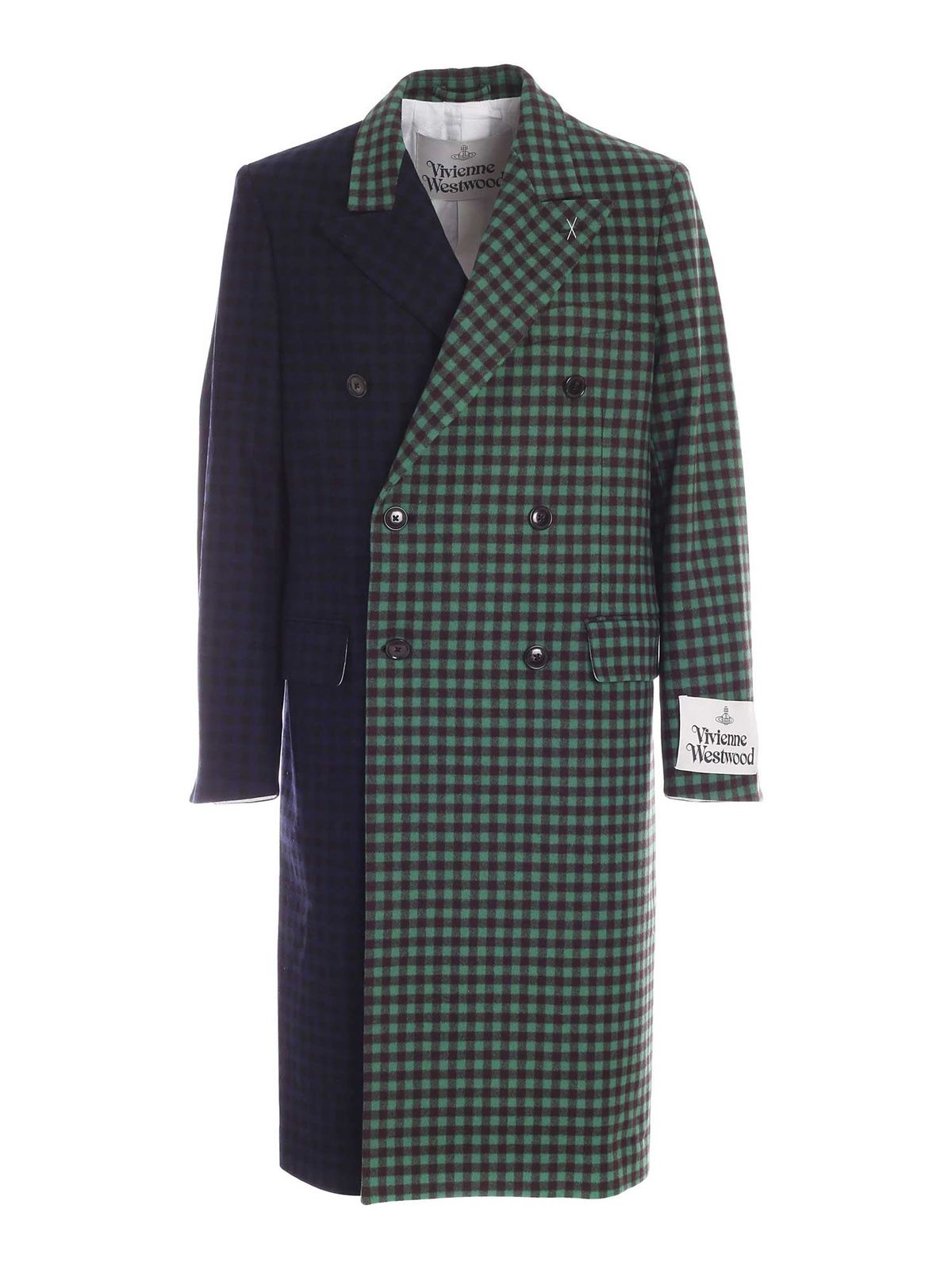 Vivienne Westwood Mini Check Melton Coat In Green And Blue In Verde