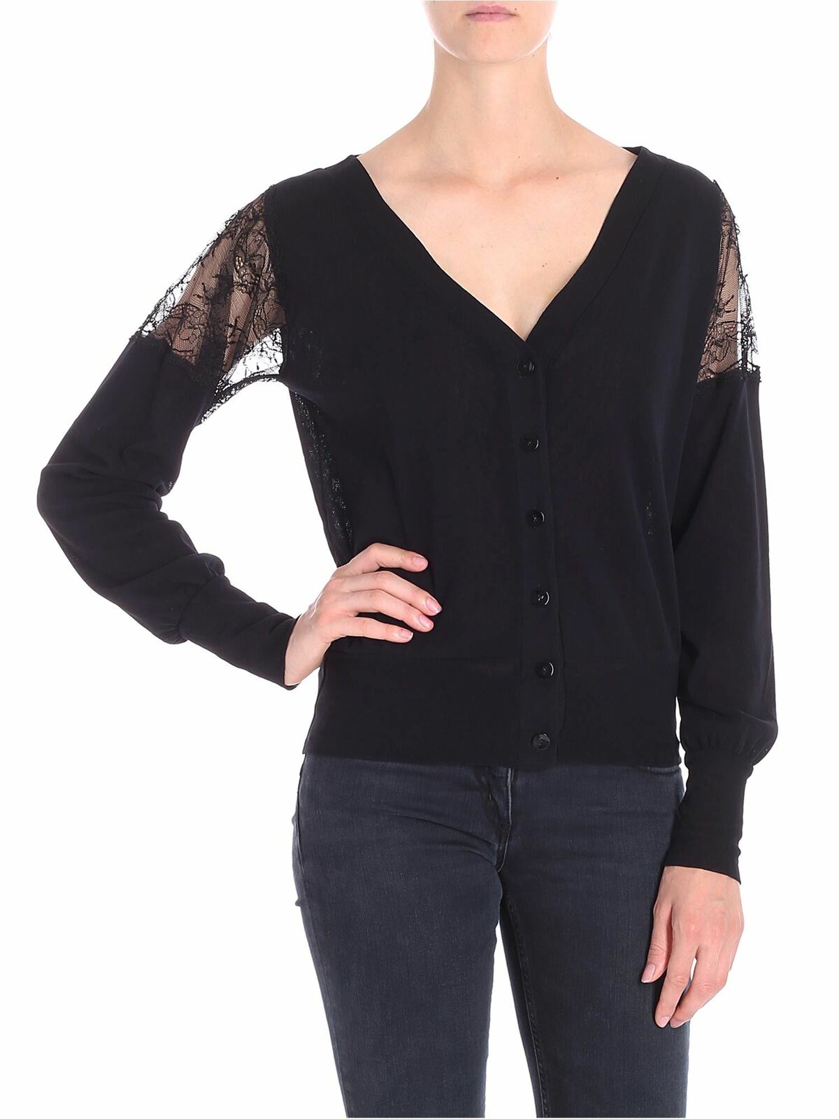 Fuzzi Black Cardigan With Lace In Negro
