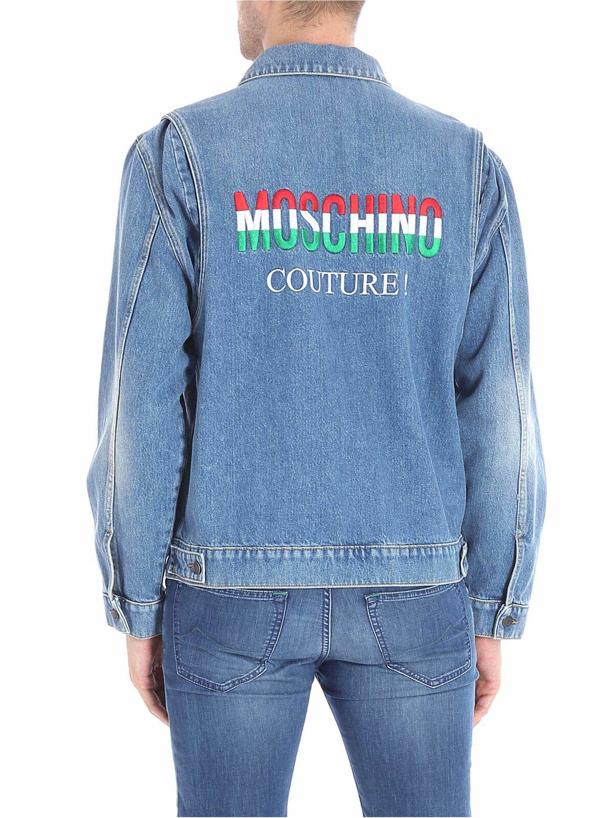 Shop Moschino Denim Jacket With Logo Embroidery In Azul Claro