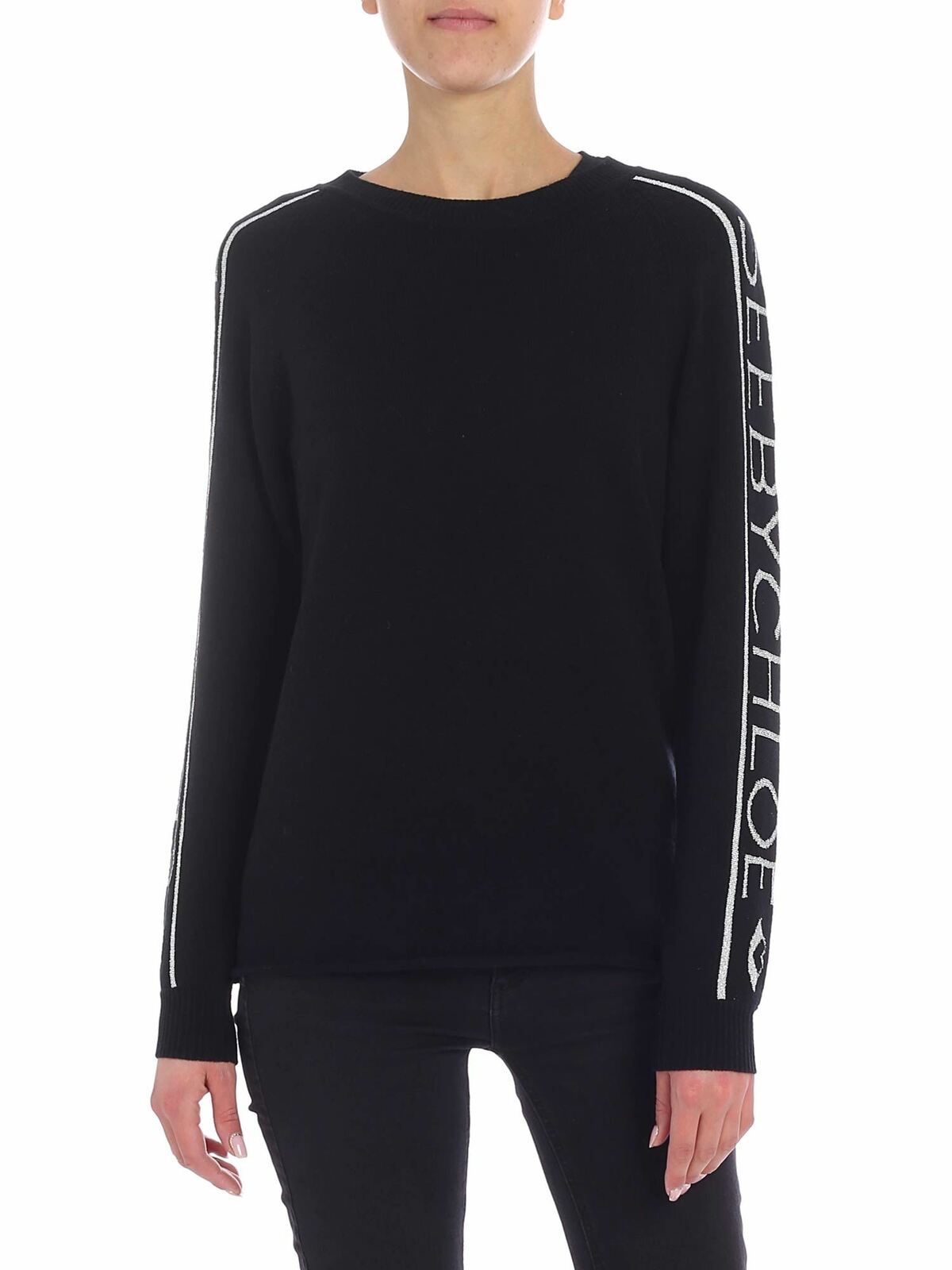 See By Chloé Black Pullover With Silver Logo Intarsia In Negro