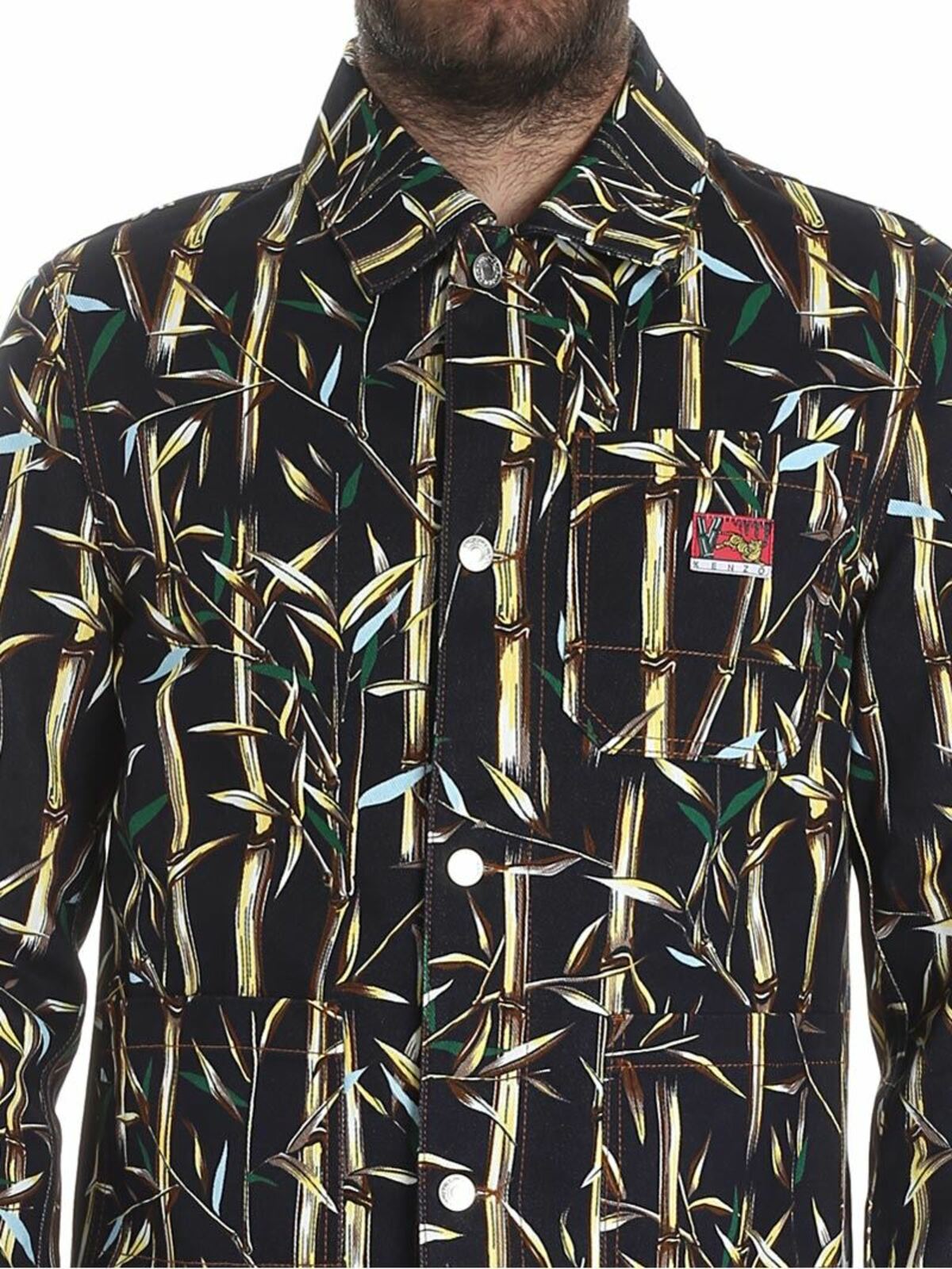 Shop Kenzo Denim Jacket With Bamboo Print In Negro