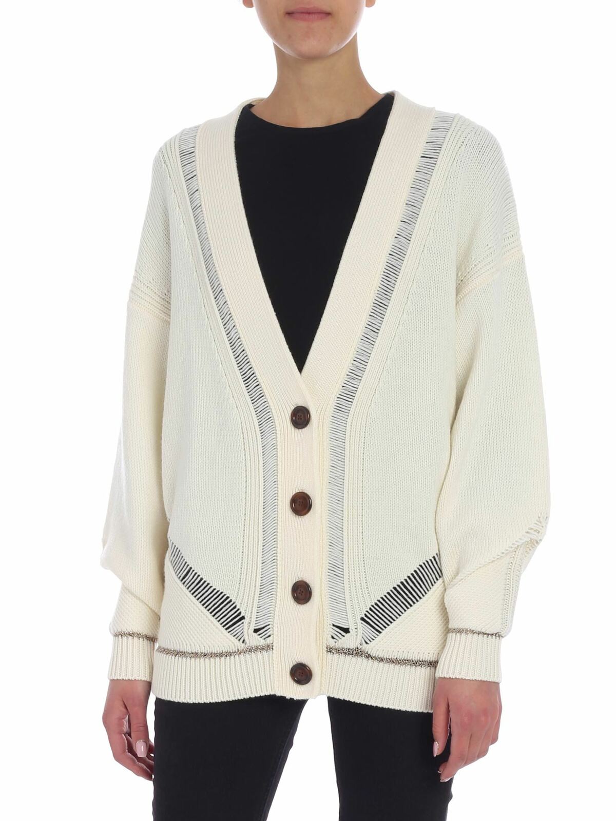 See By Chloé Cream Color Overfit Cardigan With Golden Lamé In Blanco
