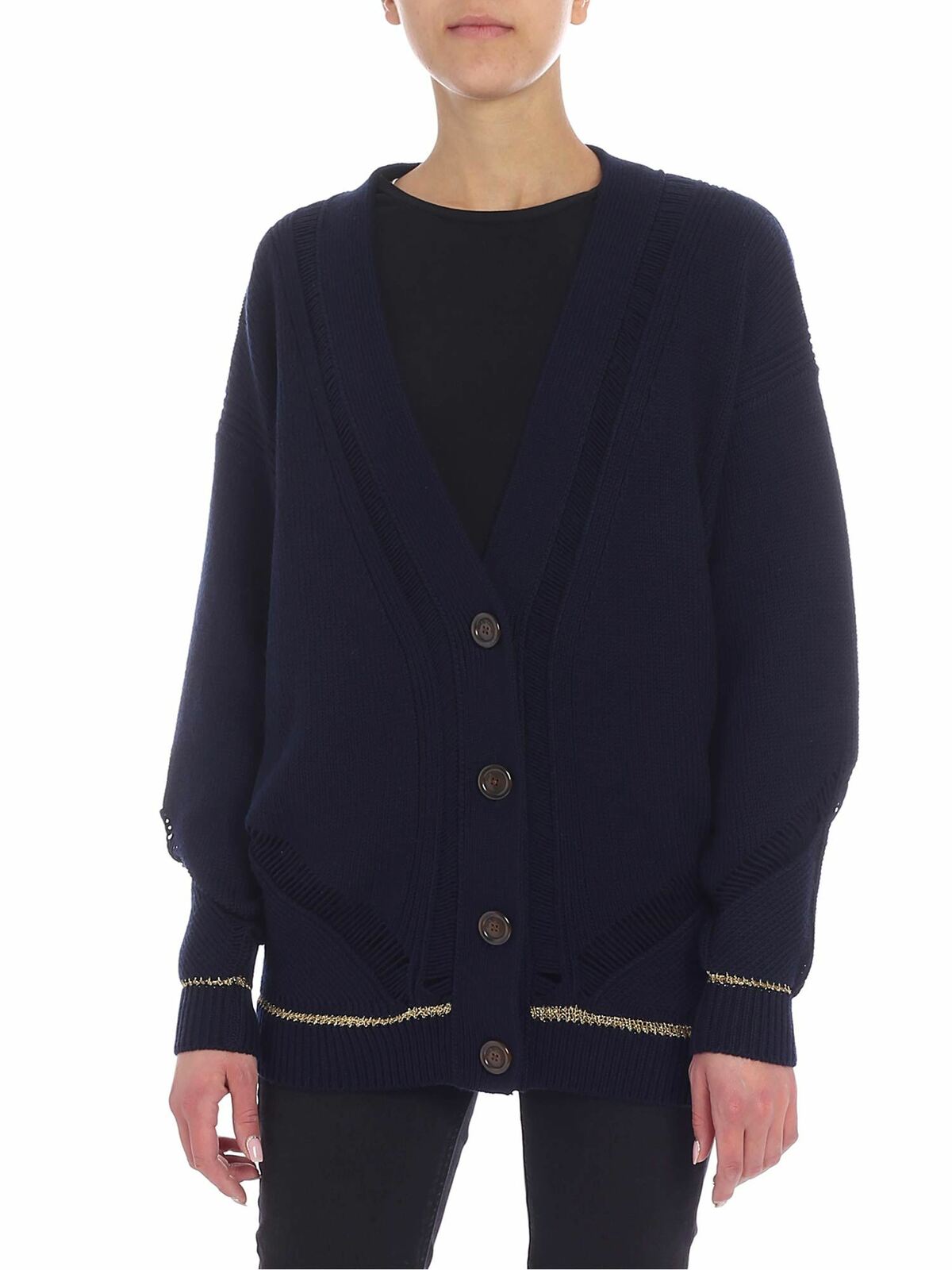 See By Chloé Blue Overfit Cardigan With Golden Lamé Insert In Azul