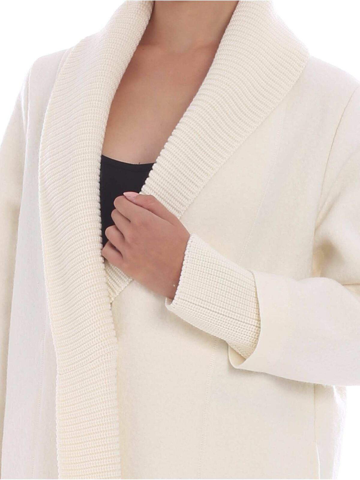 Shop Fuzzi Cream-colored Coat With Knitted Edges In Crema