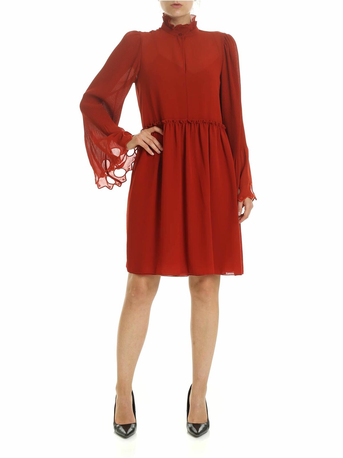 See By Chloé Earthy Red Georgette Dress With Gathered Coll In Rojo