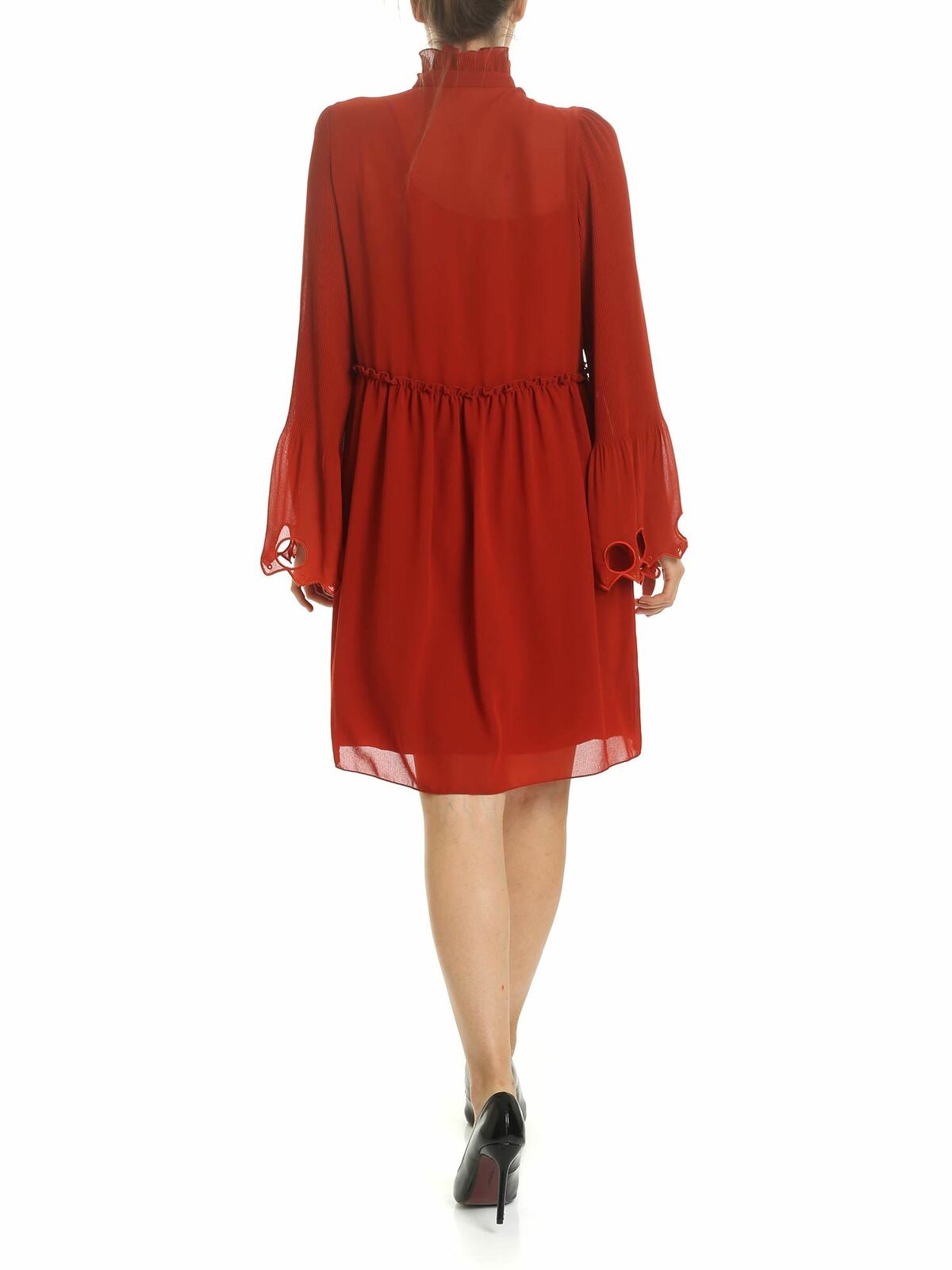 Shop See By Chloé Earthy Red Georgette Dress With Gathered Coll In Rojo