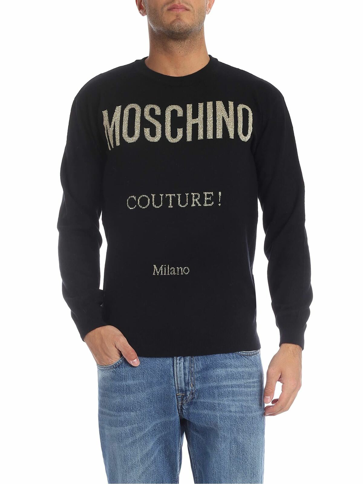 Moschino Metallic Jacquard-knit Wool-blend Sweater In Black