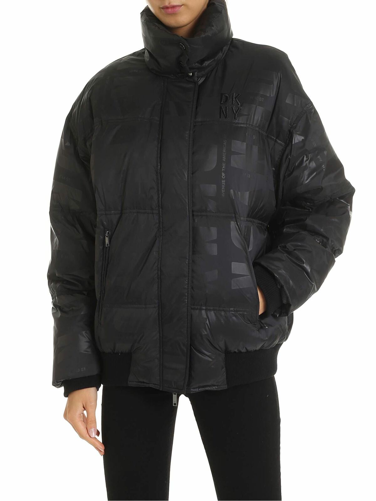 Dkny Down Jacket With Logo Prints In Black In Negro