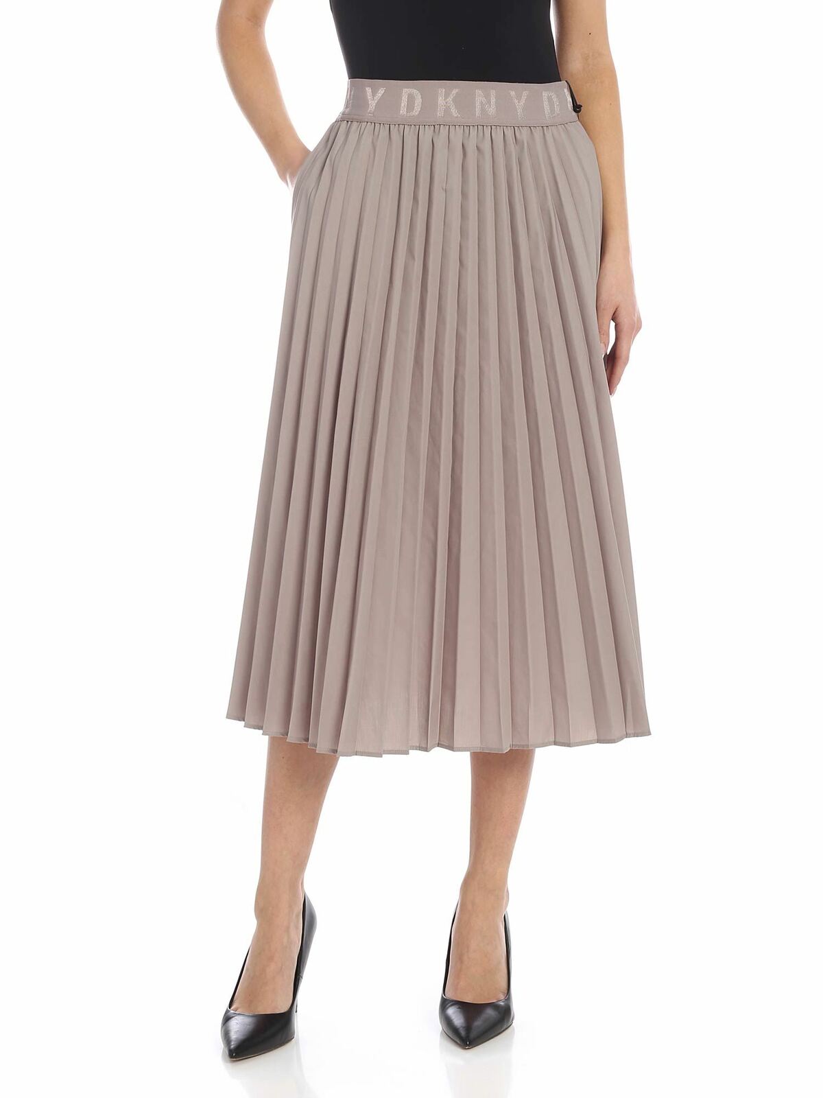 Dkny Pleated Skirt In Taupe Colour With Branded Ela In Brown