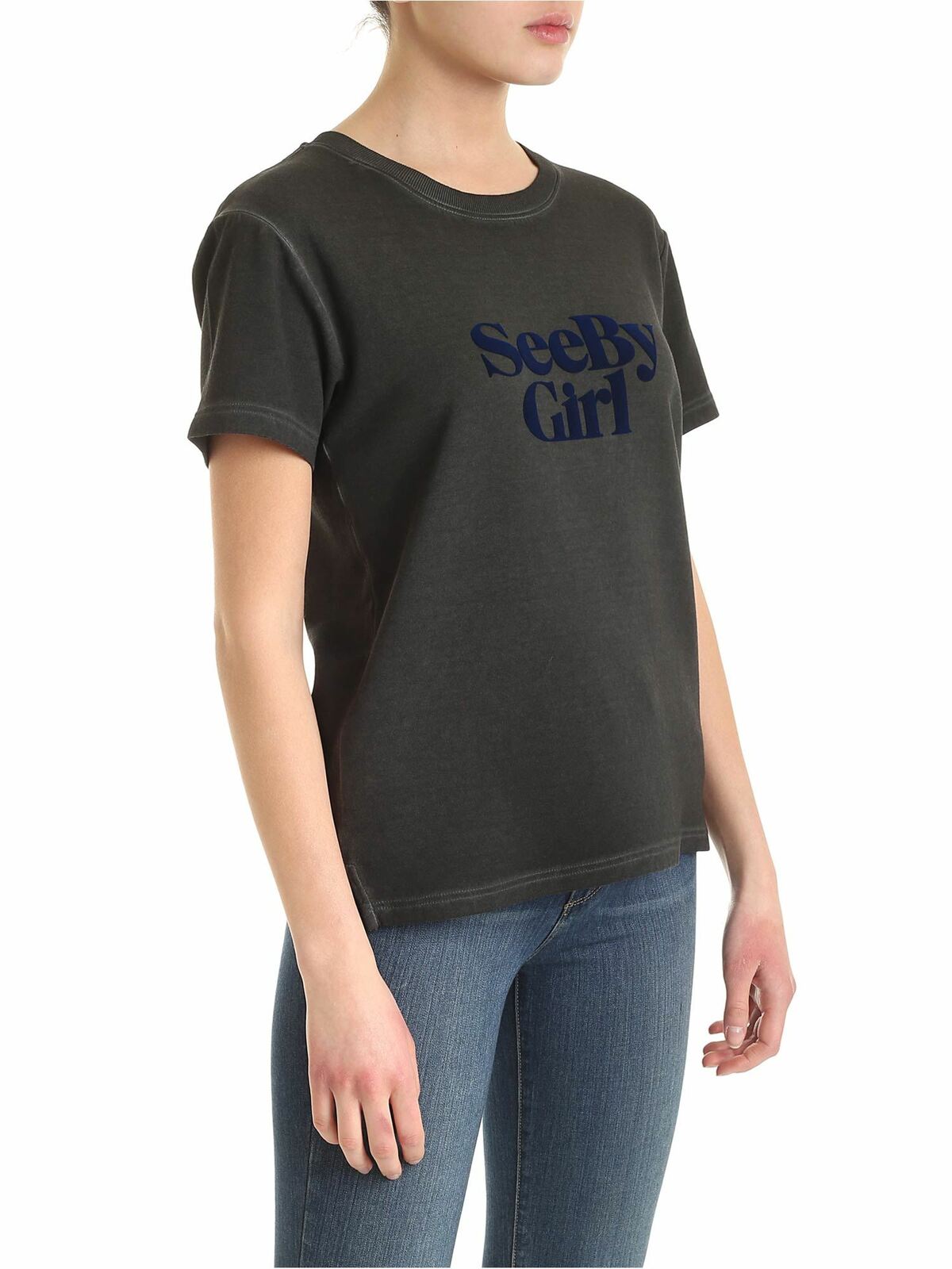 Shop See By Chloé Velvet Logo T-shirt In Grey