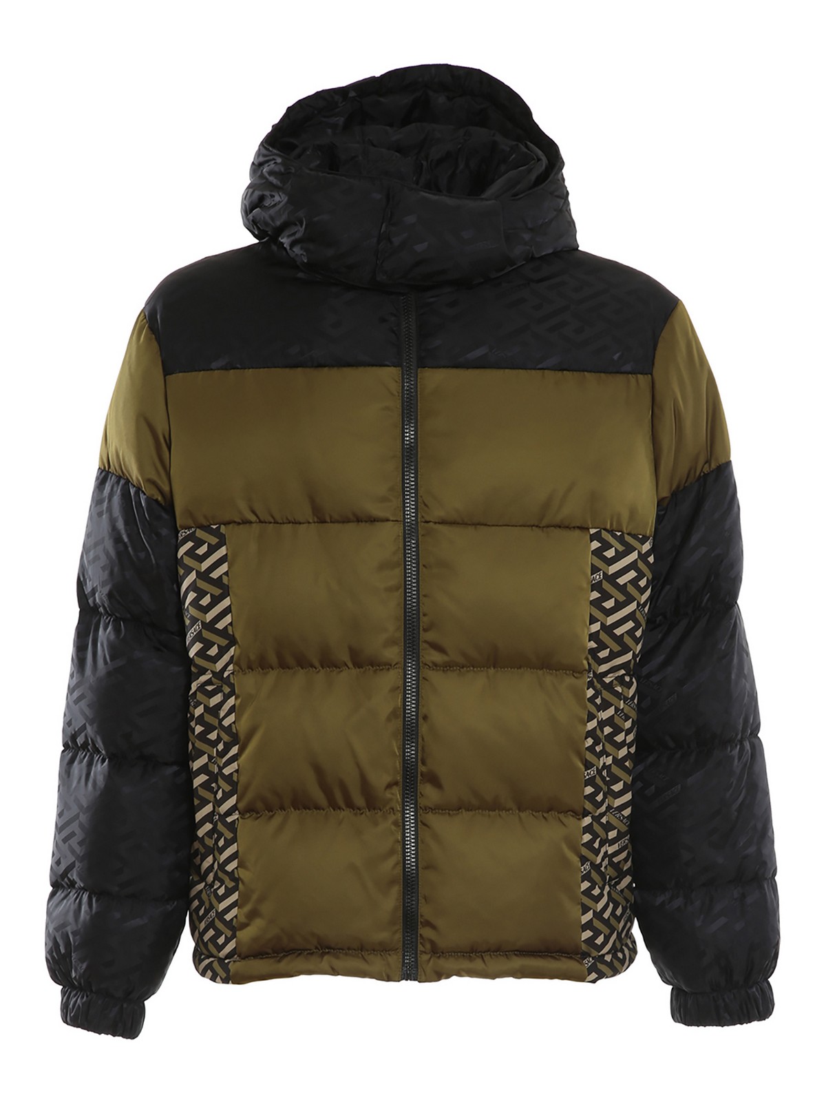 Shop Versace Monogram Print Hooded Down Jacket