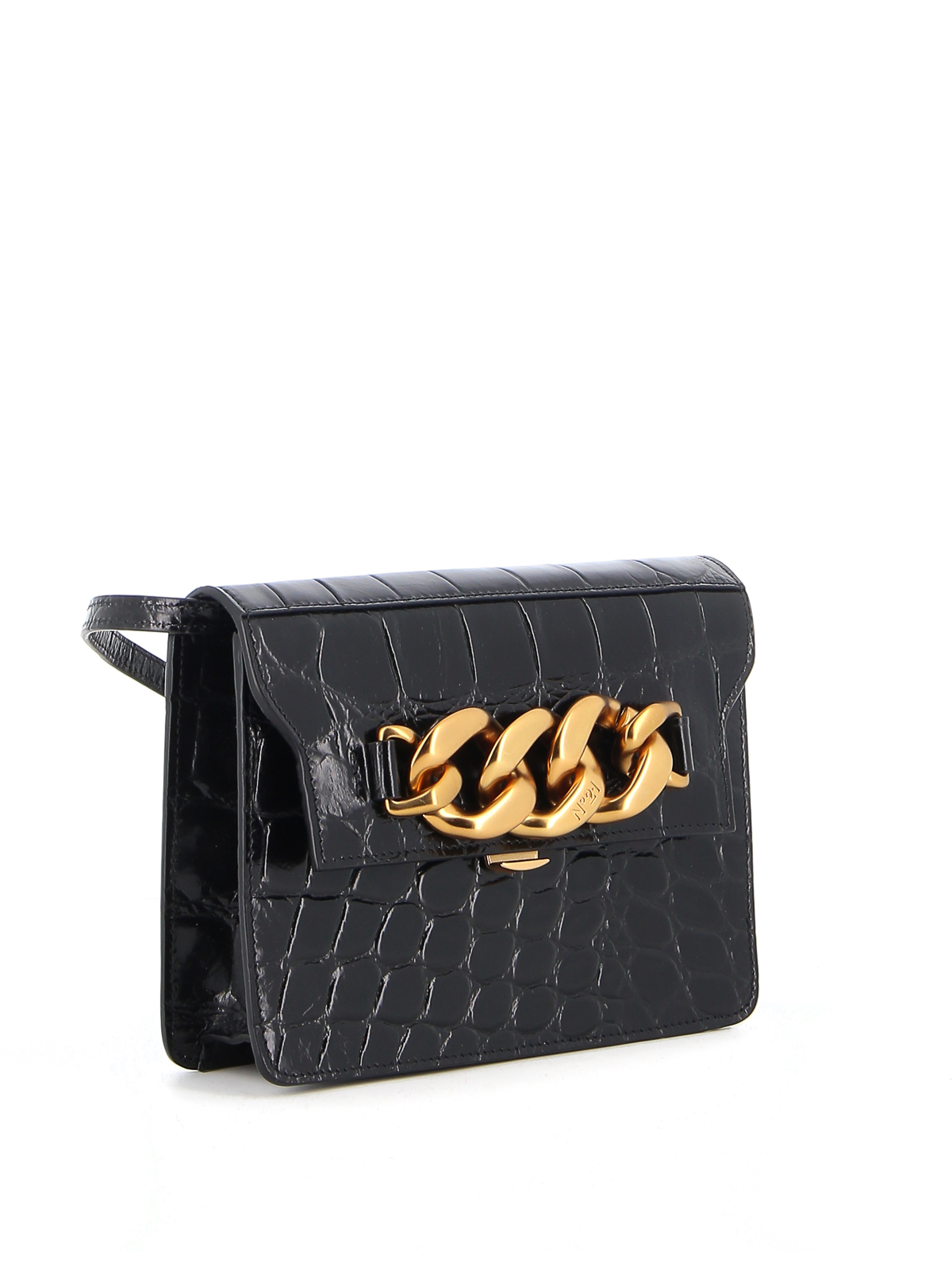 Black Croc Printed Gold Chains Shoulder Bags