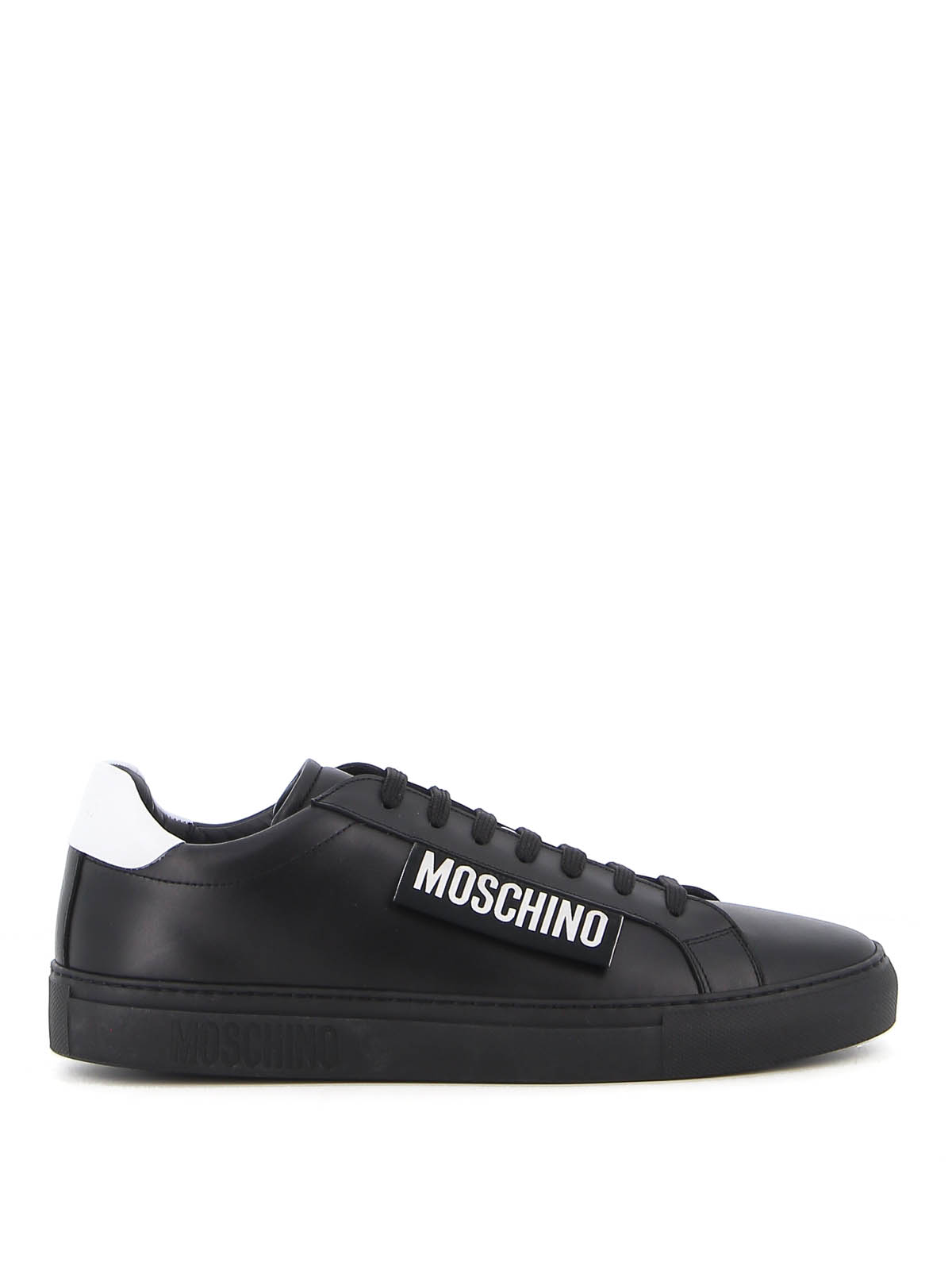 Moschino Label Leather Trainers In Black
