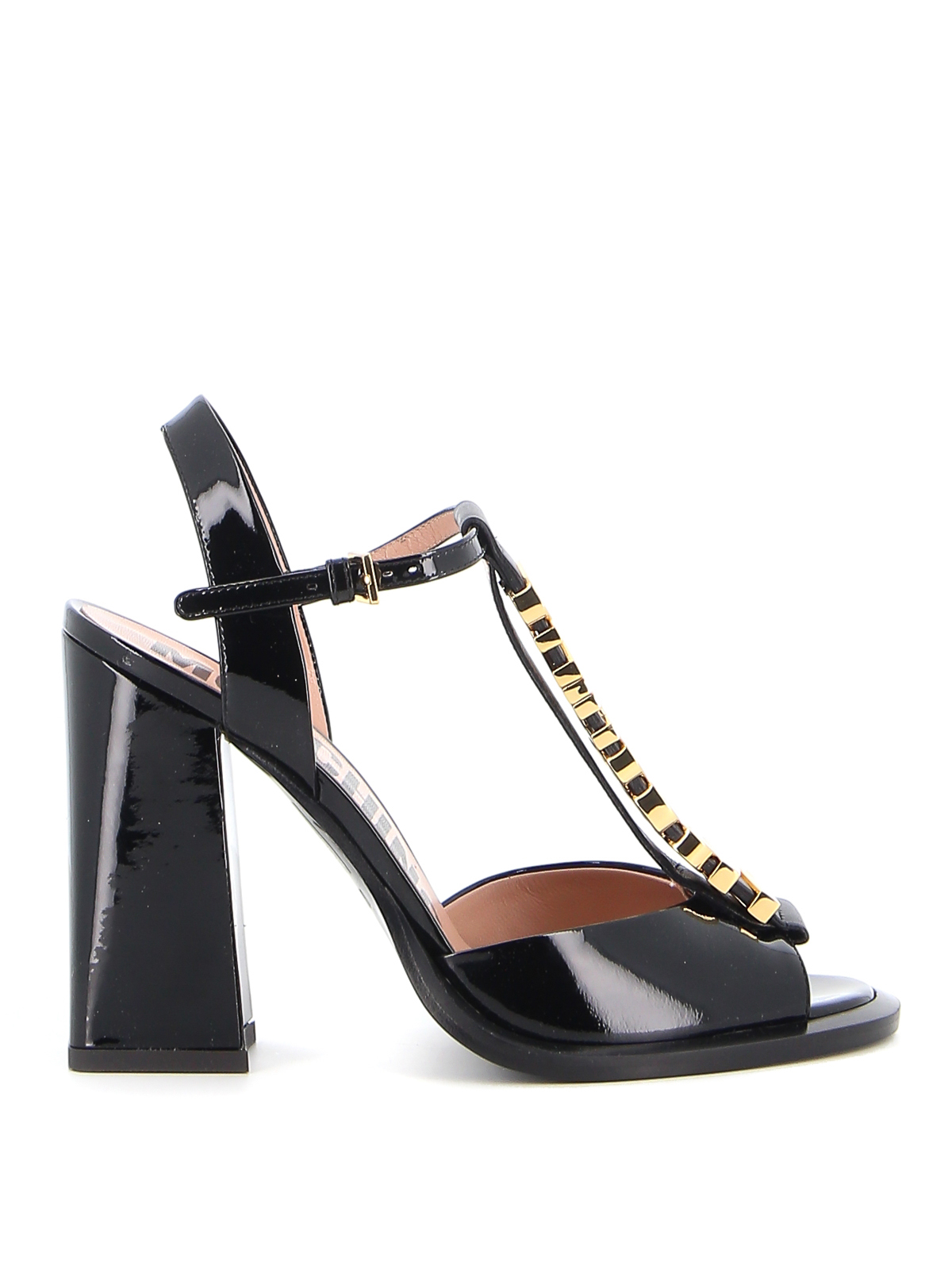 Moschino Gold-tone Logo Patent Sandals In Negro