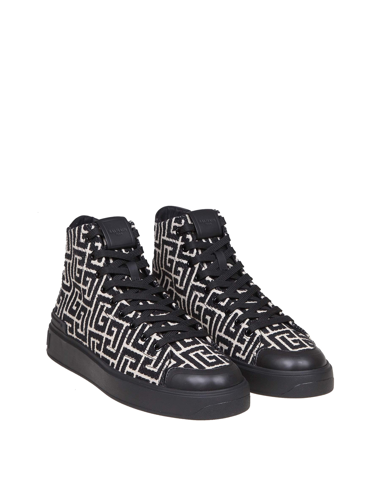 Balmain B-Court Monogram Canvas White / Black High Top Sneakers