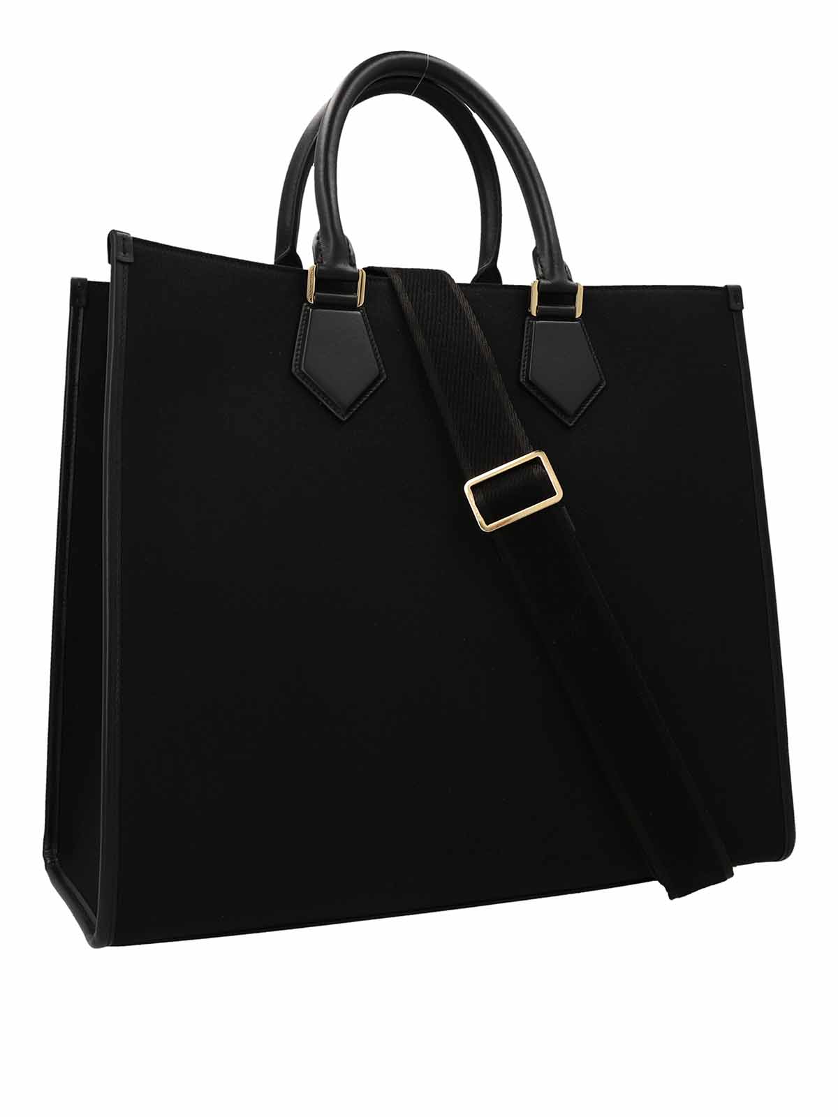 Shop Dolce & Gabbana Canvas Tote With Leather Logo In Black