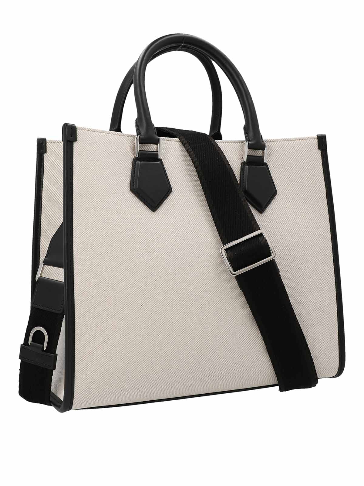 Shop Dolce & Gabbana Canvas Tote With Leather Logo In Crema