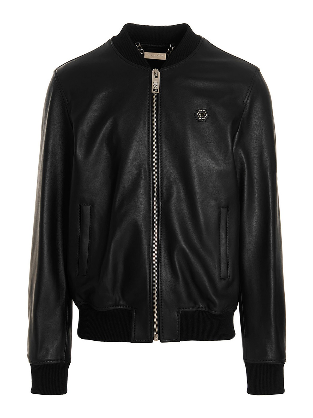 Philipp Plein Logo Leather Bomber Jacket In Black