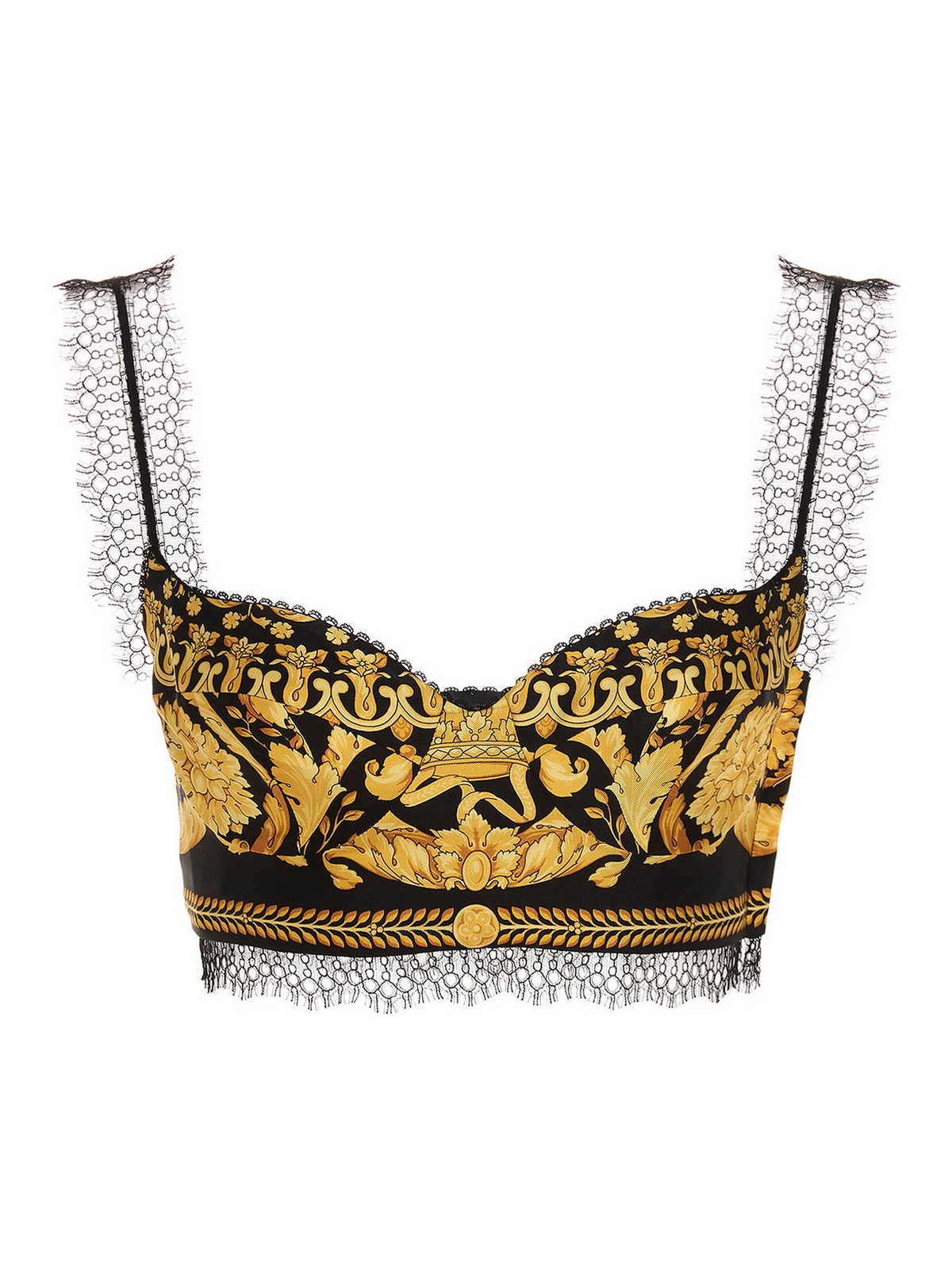 Versace Baroque-print Lace-trimmed Silk-twill Top In Multicolor