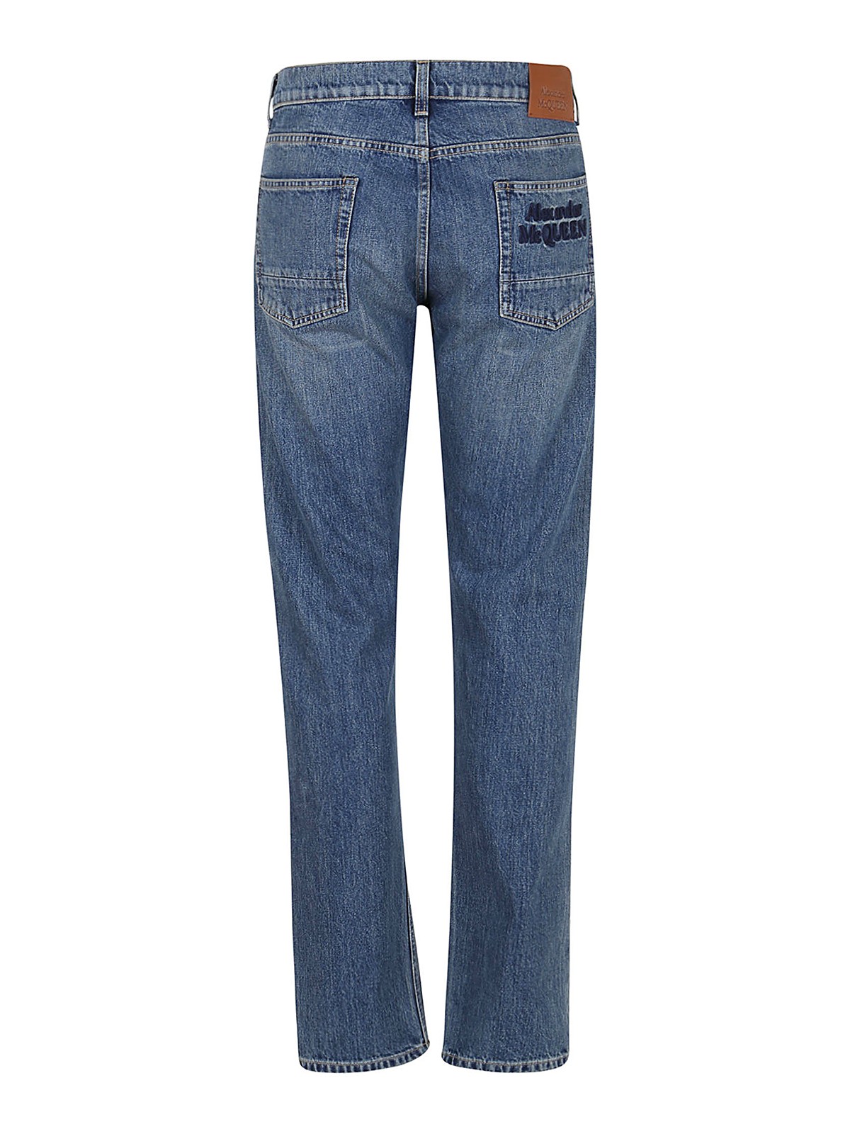 Shop Alexander Mcqueen Logo-embroidered Straight-leg Jeans In Medium Wash