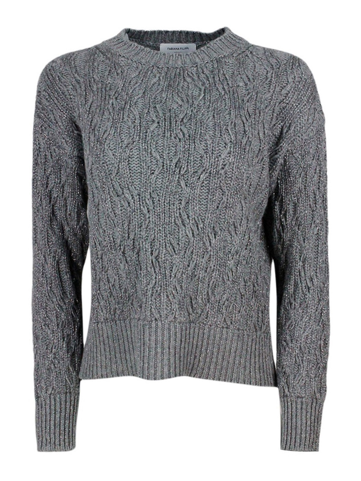 Shop Fabiana Filippi Cable Knit Lurex Wool Blend Sweater In Grey
