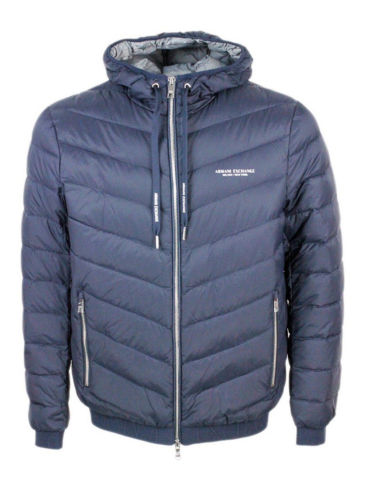 Armani Exchange Chevron Quilted Hooded Puffer Jacket In Blue