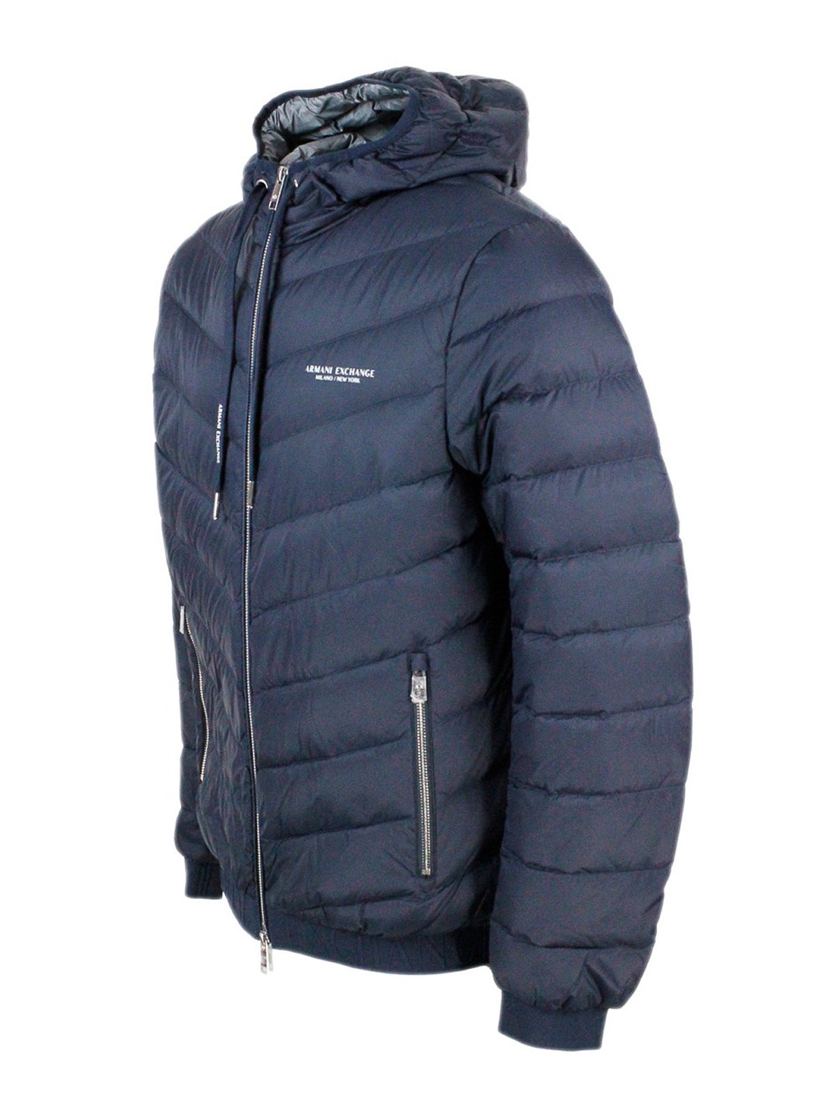 Shop Armani Exchange Chevron Quilted Hooded Puffer Jacket In Blue