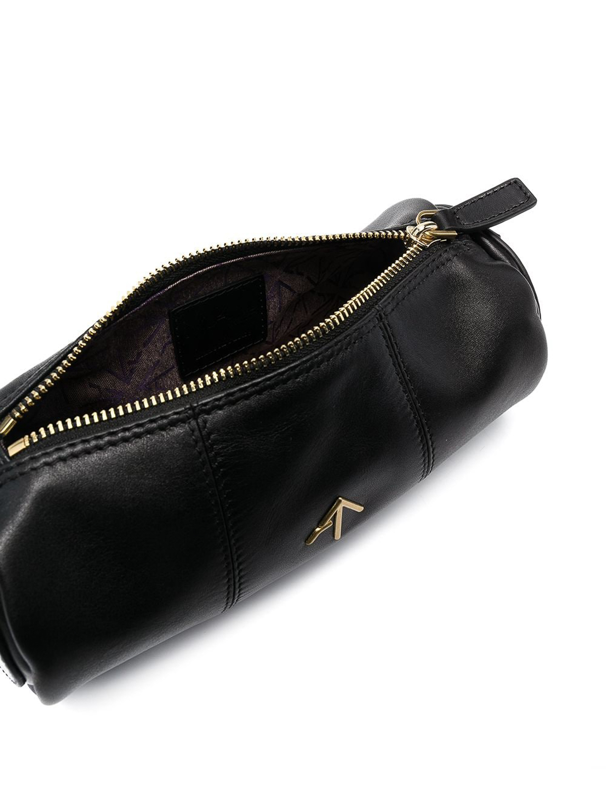 Black Genuine Leather Cylinder Shoulder Bag With Chain Strap. 