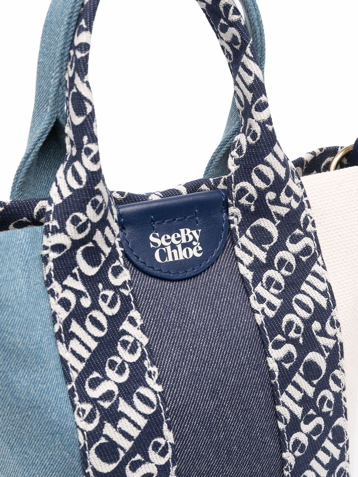 Shop See By Chloé Leather And Cotton Tote In Blue