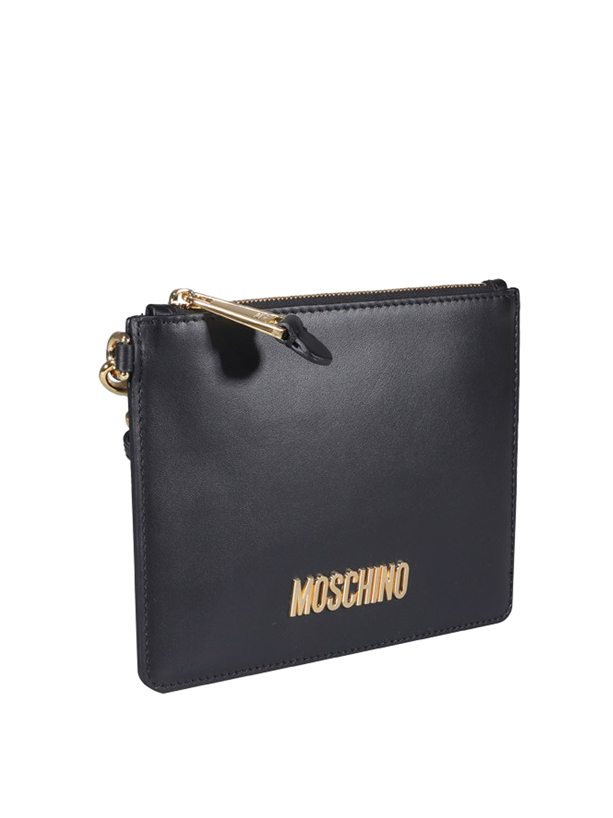 Shop Moschino Metal Logo Lettering Leather Clutch In Black