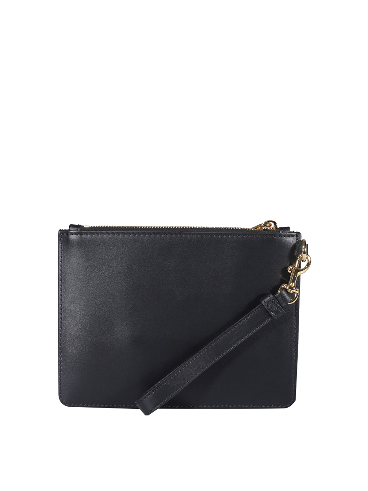 Shop Moschino Metal Logo Lettering Leather Clutch In Black