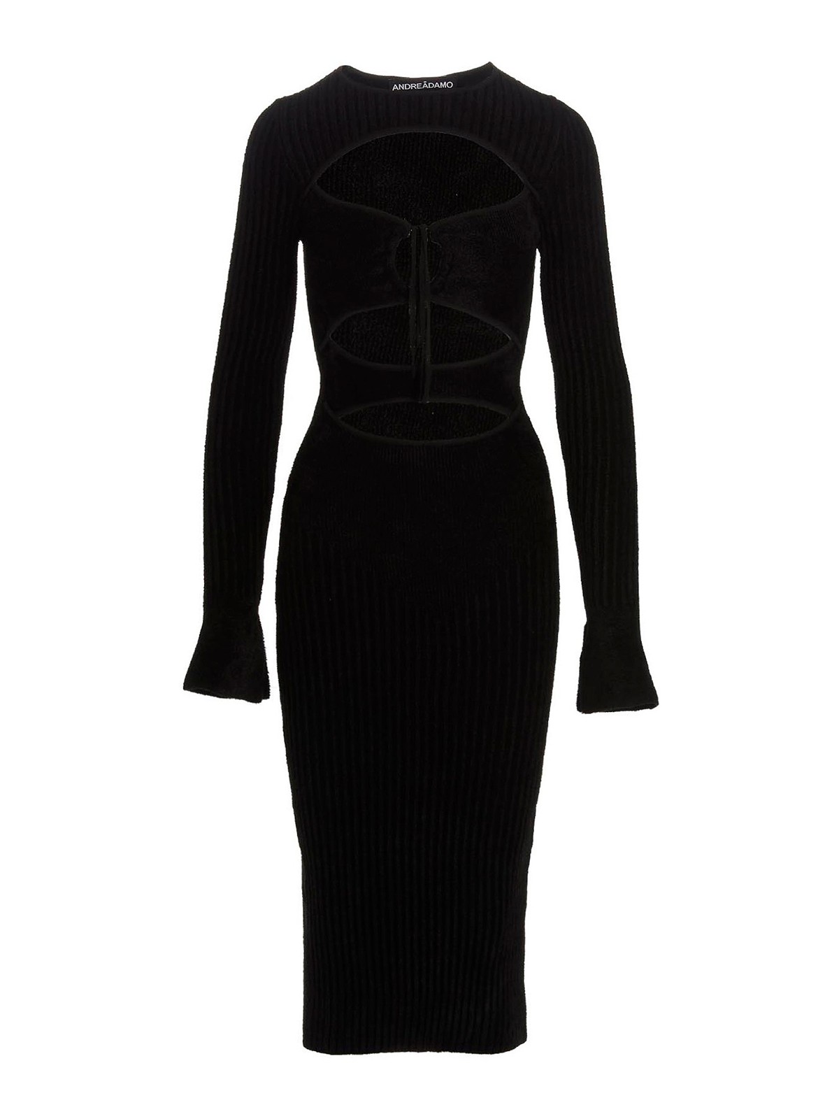 Andreädamo Ribbed Knit Velvet Midi Dress With Cut-o In Black