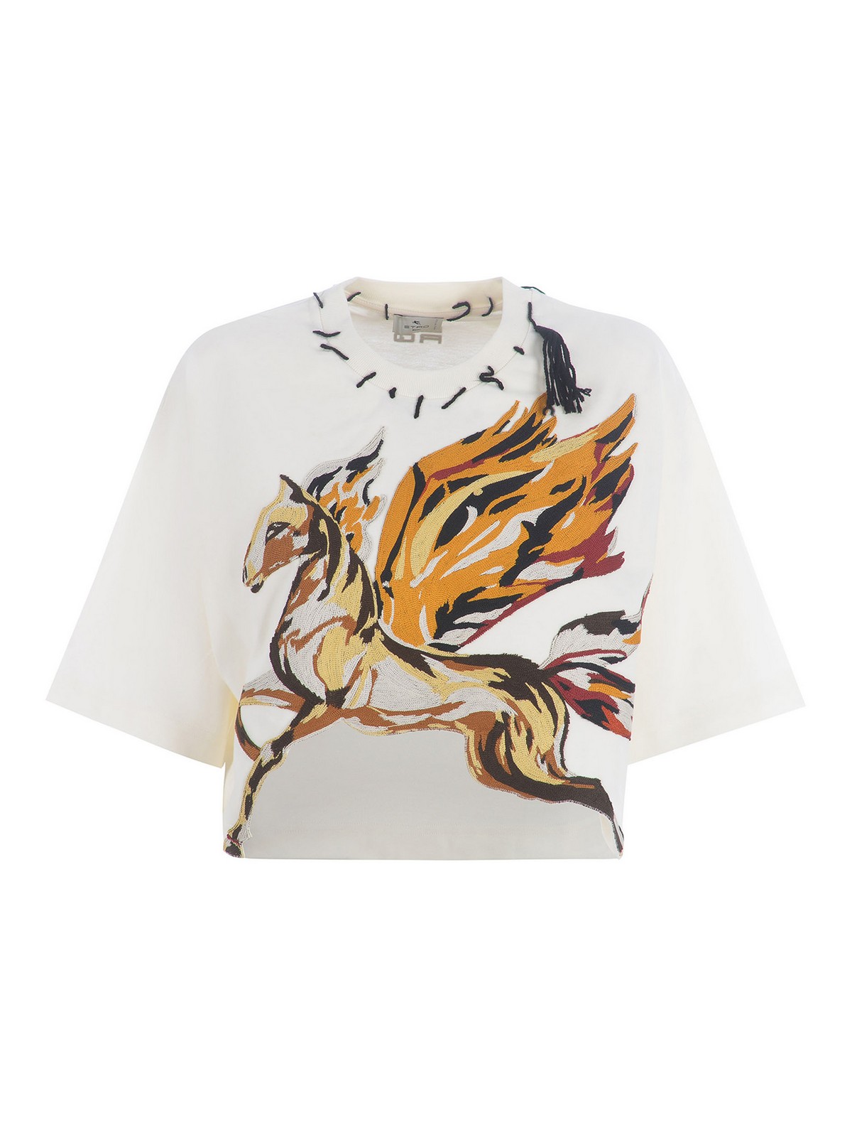 Shop Etro Pegasus Embroidery Cropped T-shirt In Crema