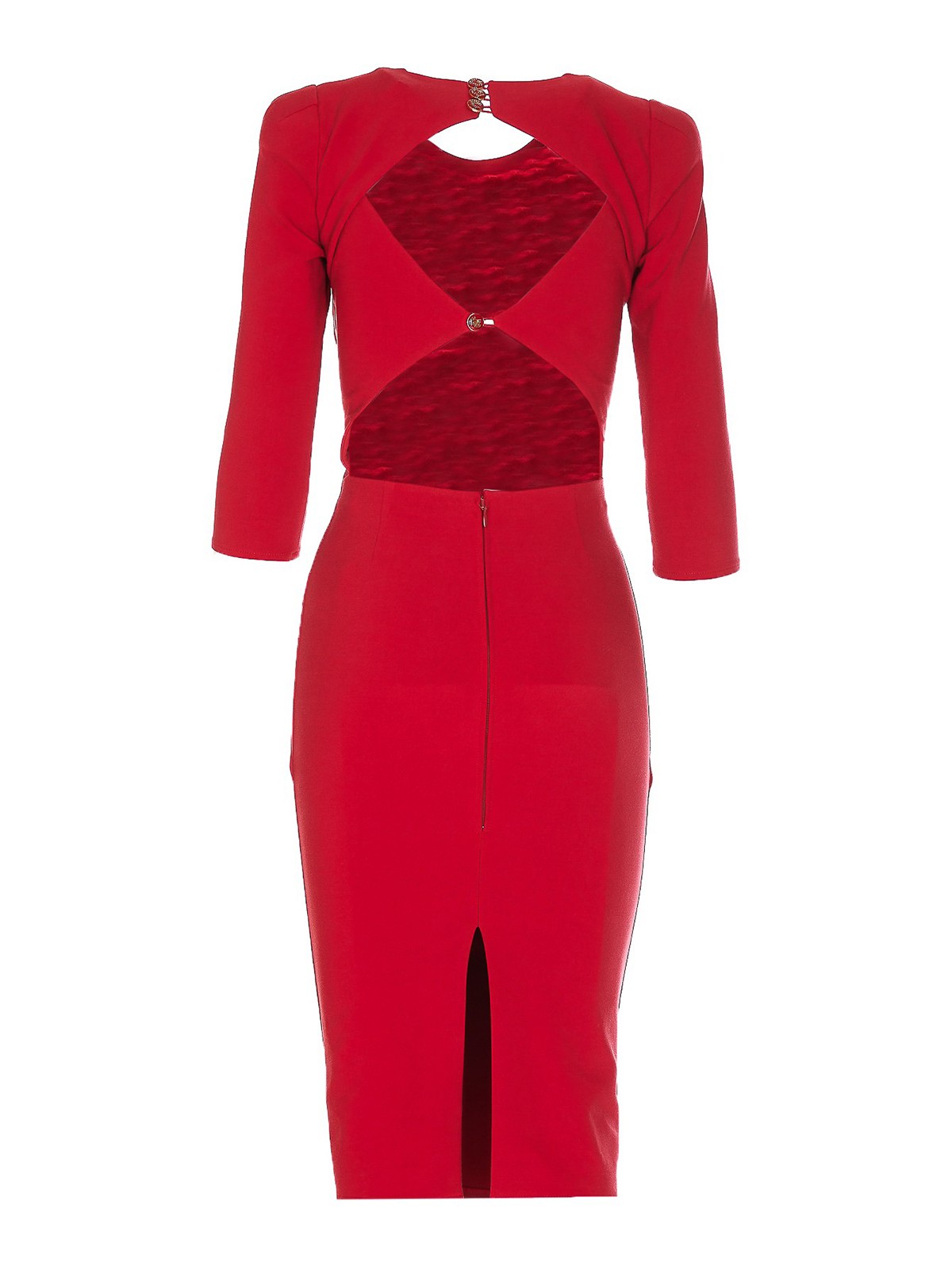 strapless open back dress Bardot Split Detail Bodycon Midi Dress in Red
